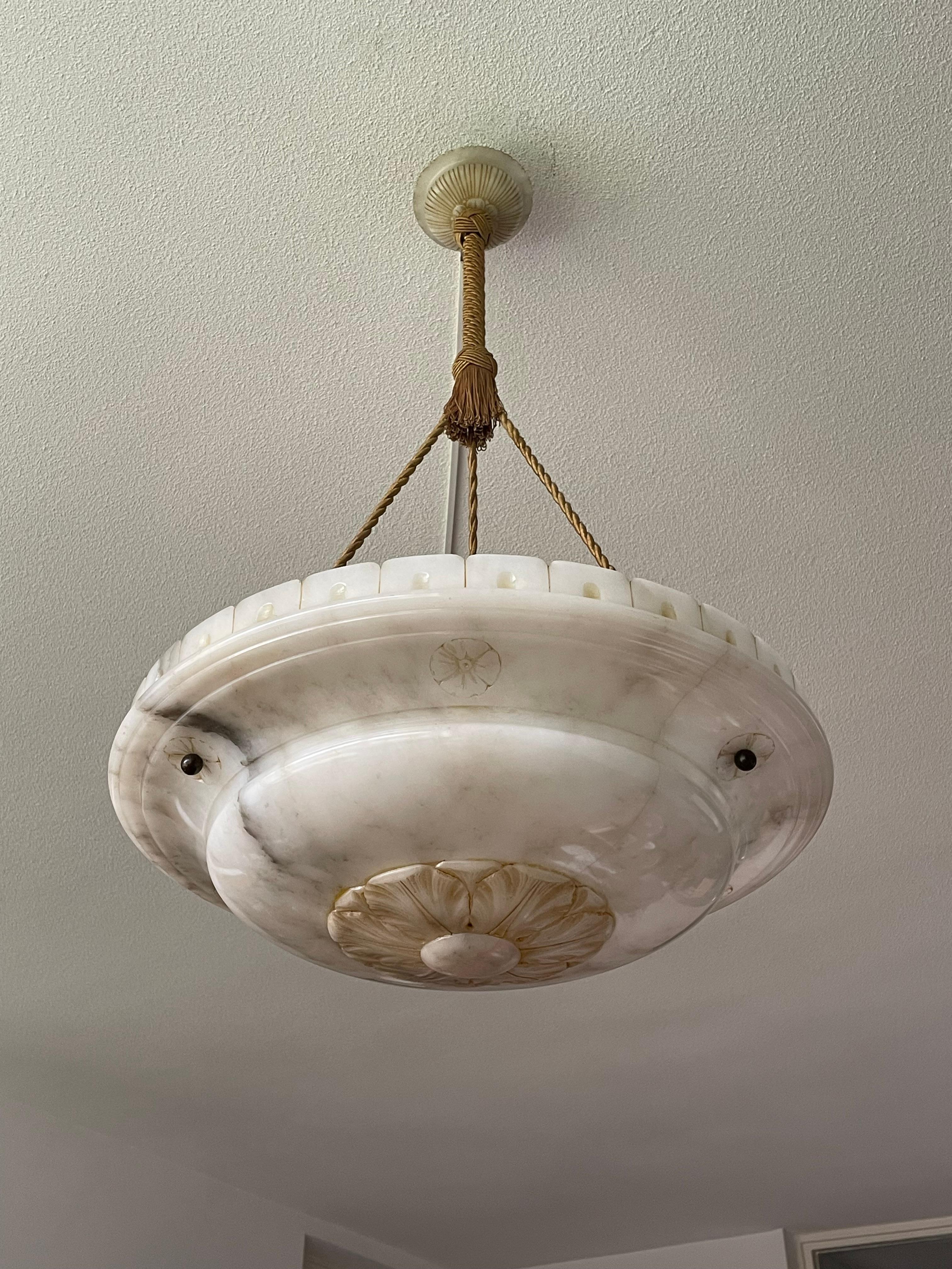 Hand-Carved Large Antique White & Black Alabaster Pendant Chandelier w. Perfect Rope Chain
