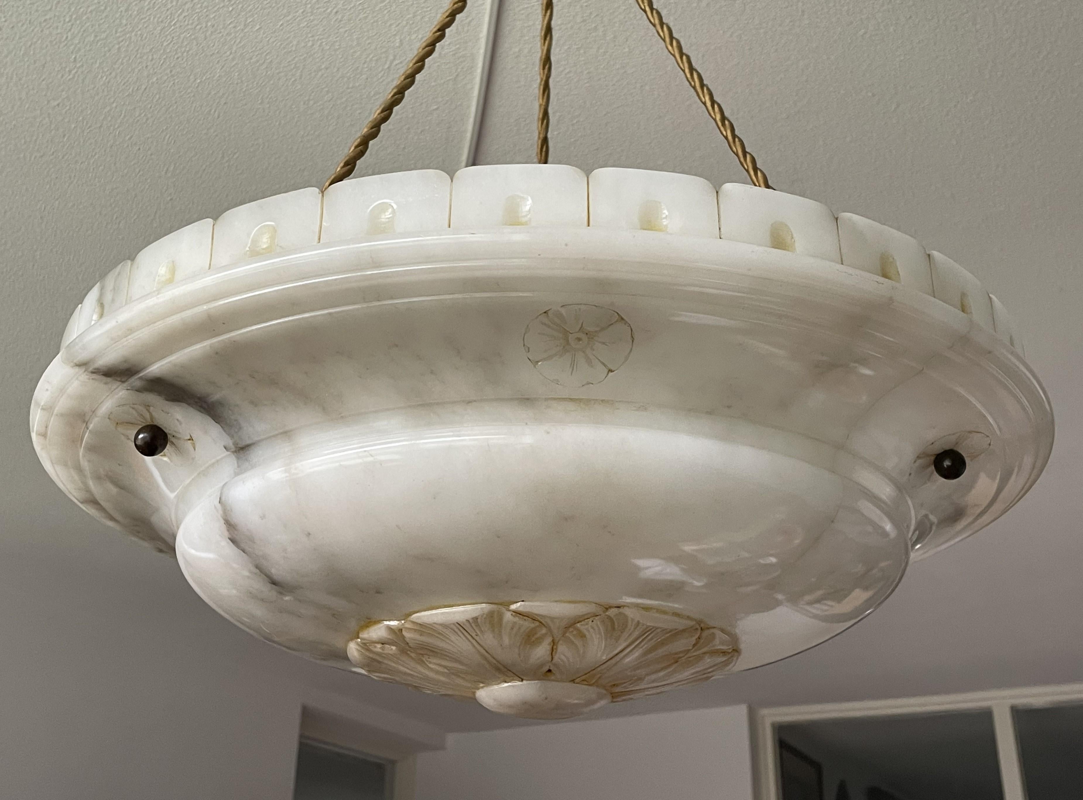 20th Century Large Antique White & Black Alabaster Pendant Chandelier w. Perfect Rope Chain