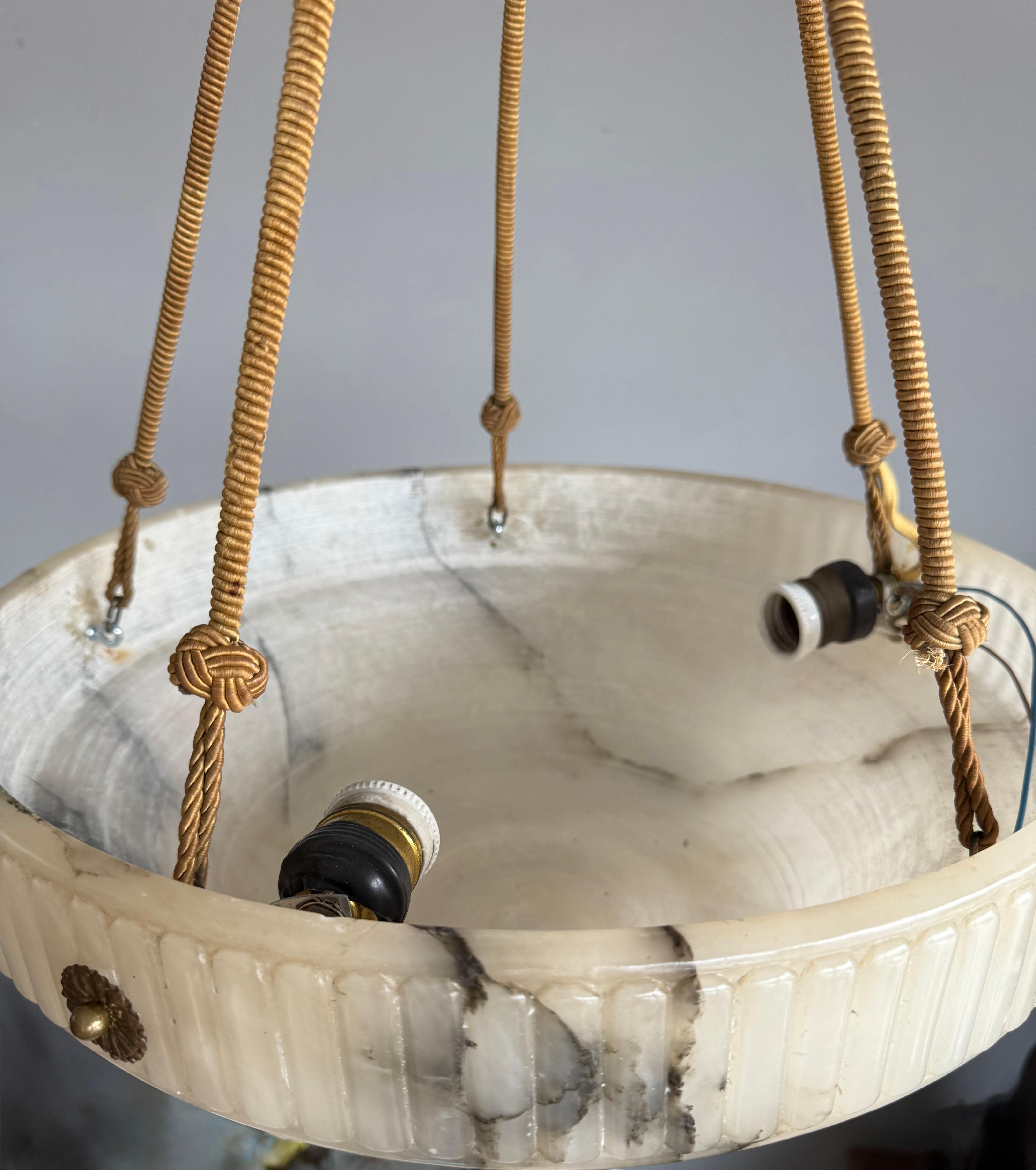 Large Antique White & Black Alabaster Pendant Light Chandelier with Rope Chains For Sale 3