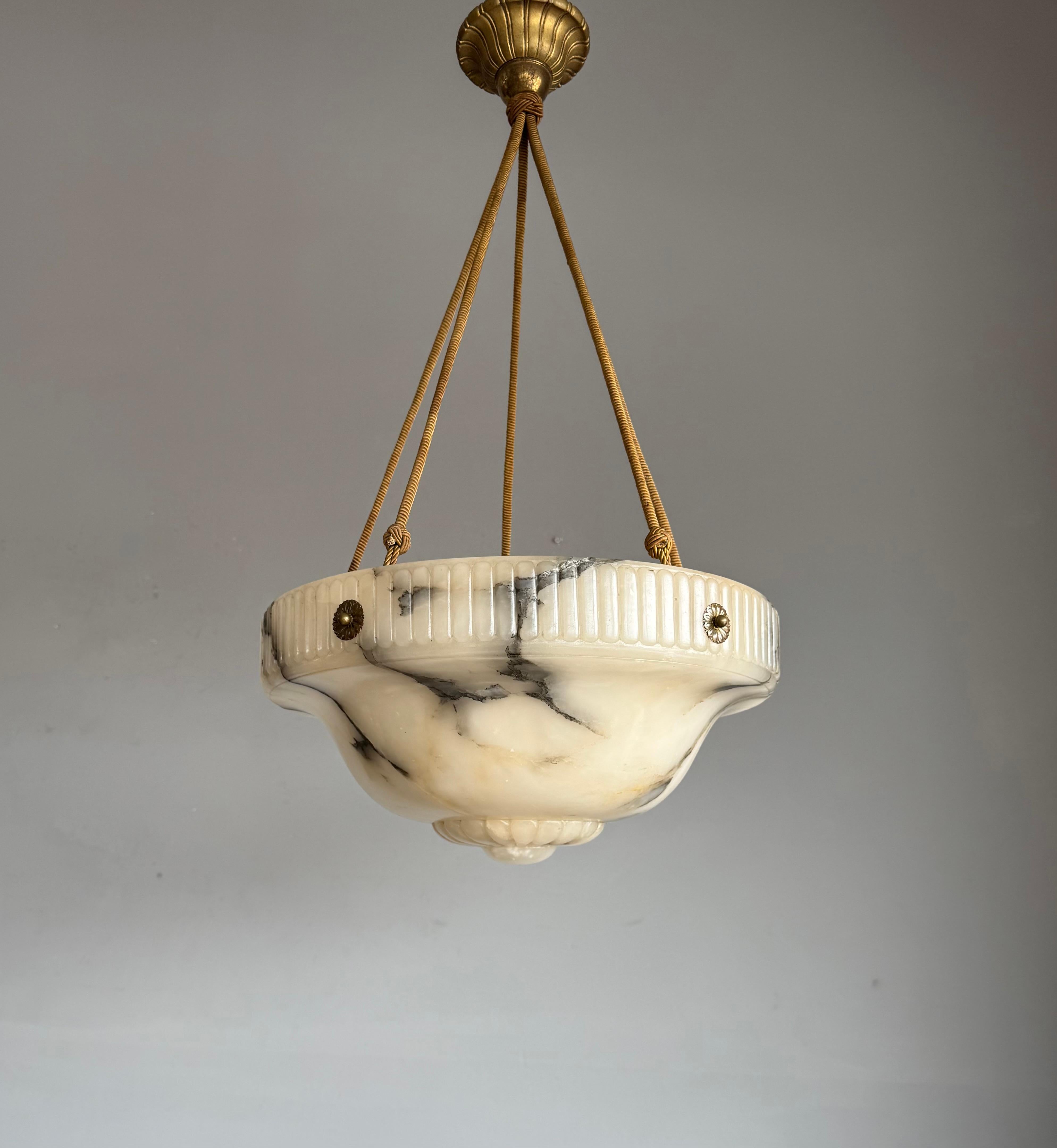 Large Antique White & Black Alabaster Pendant Light Chandelier with Rope Chains For Sale 4