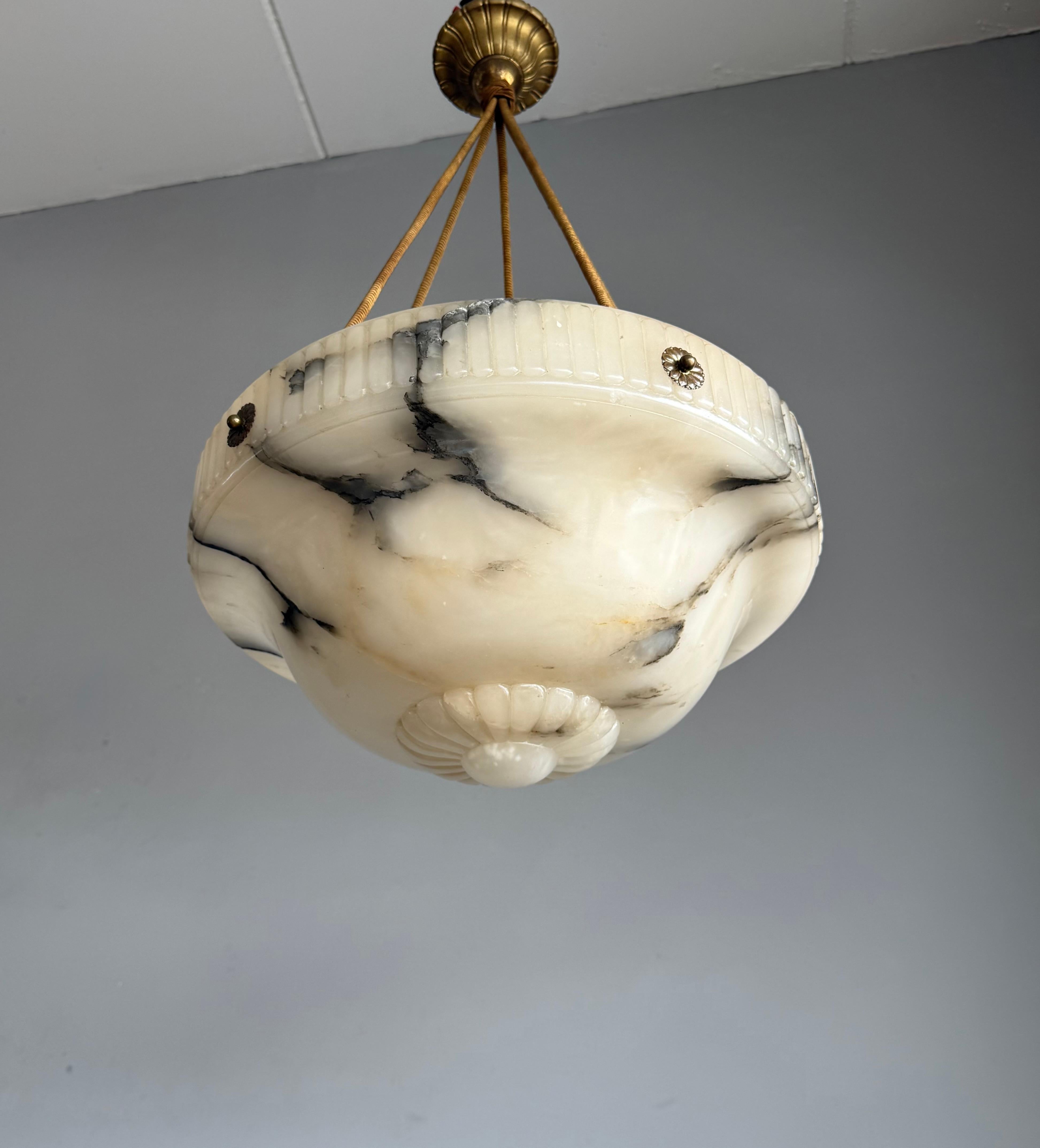 Large Antique White & Black Alabaster Pendant Light Chandelier with Rope Chains For Sale 6