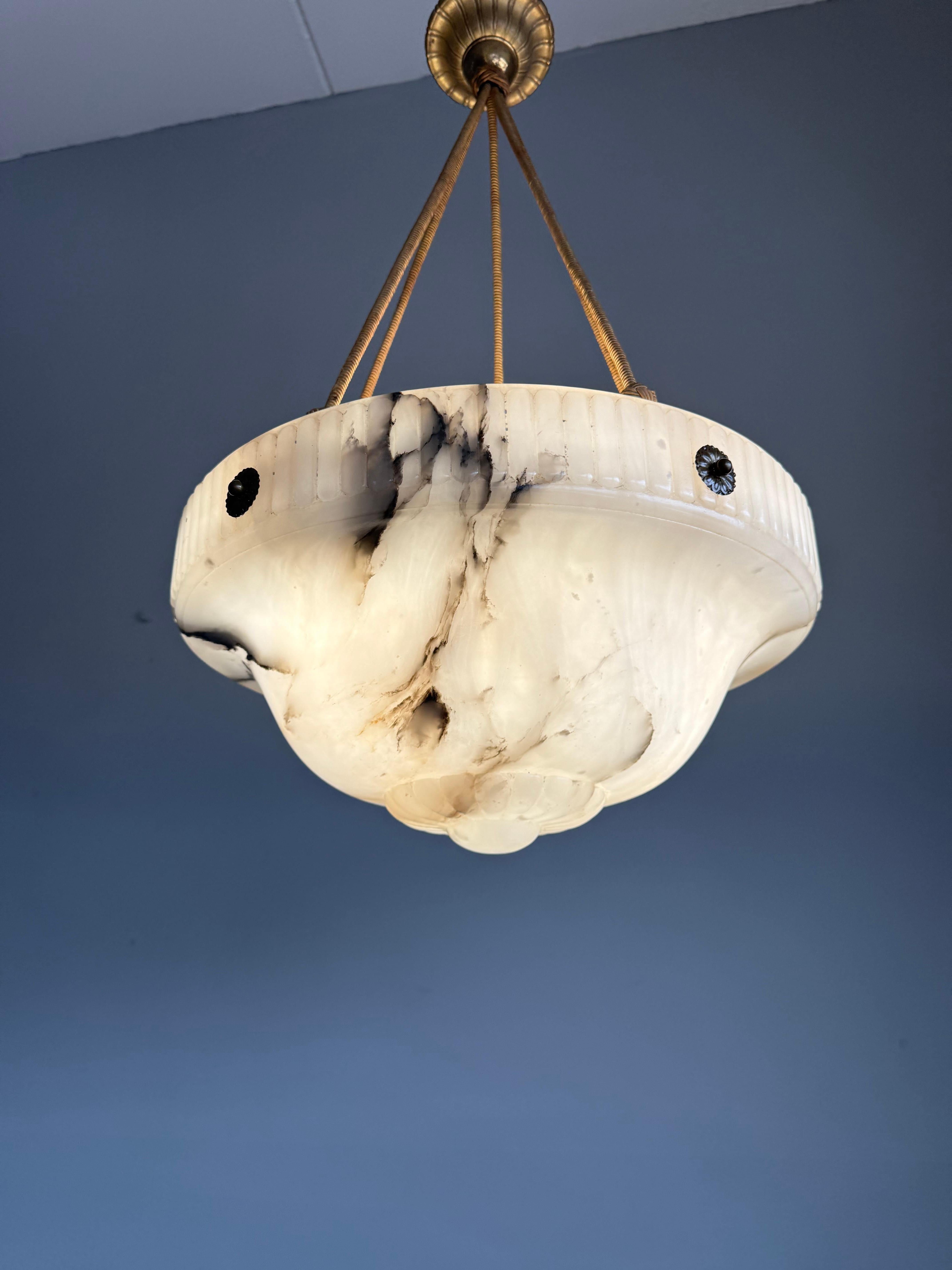 Large Antique White & Black Alabaster Pendant Light Chandelier with Rope Chains For Sale 7