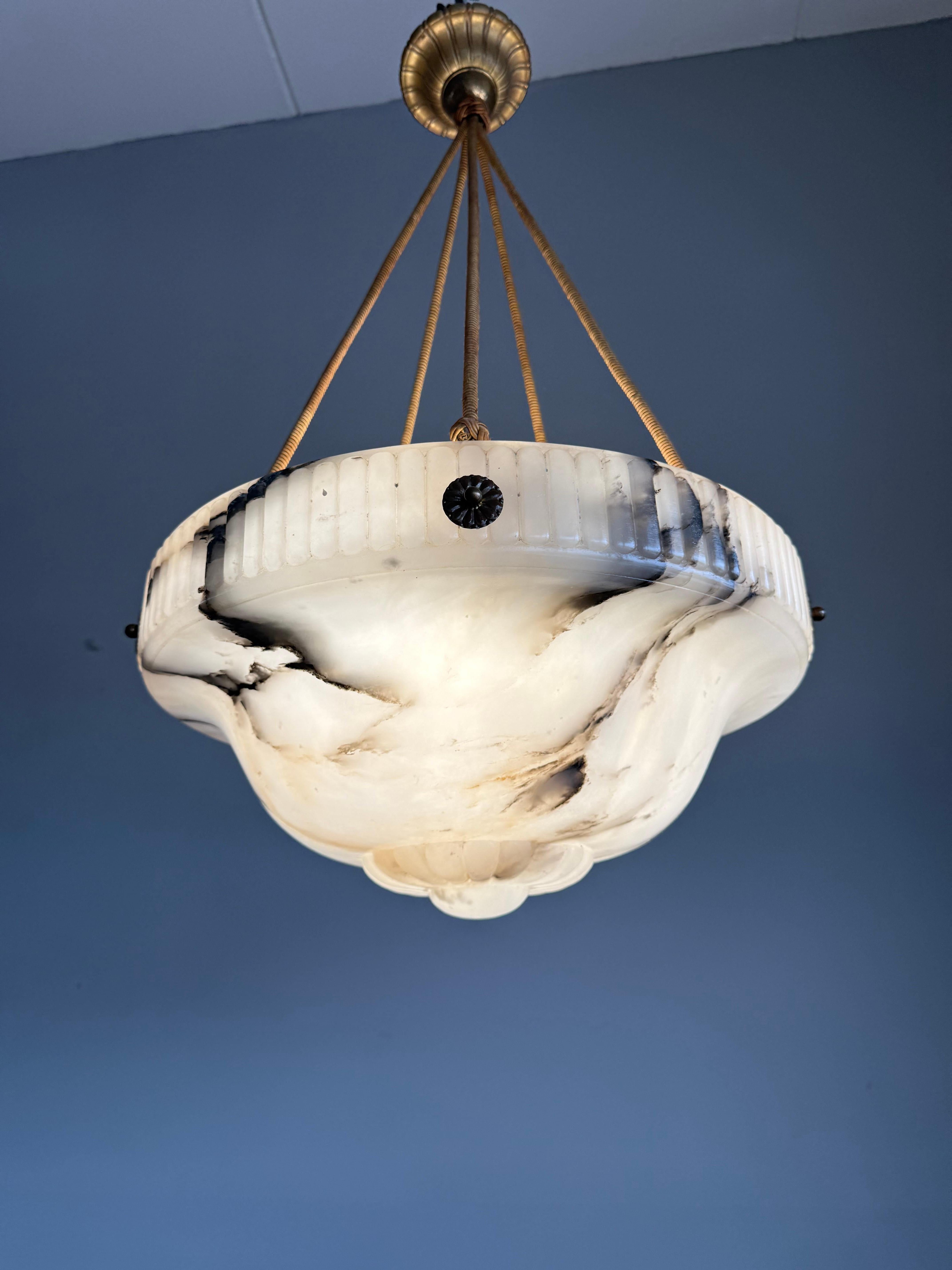 Large Antique White & Black Alabaster Pendant Light Chandelier with Rope Chains For Sale 8