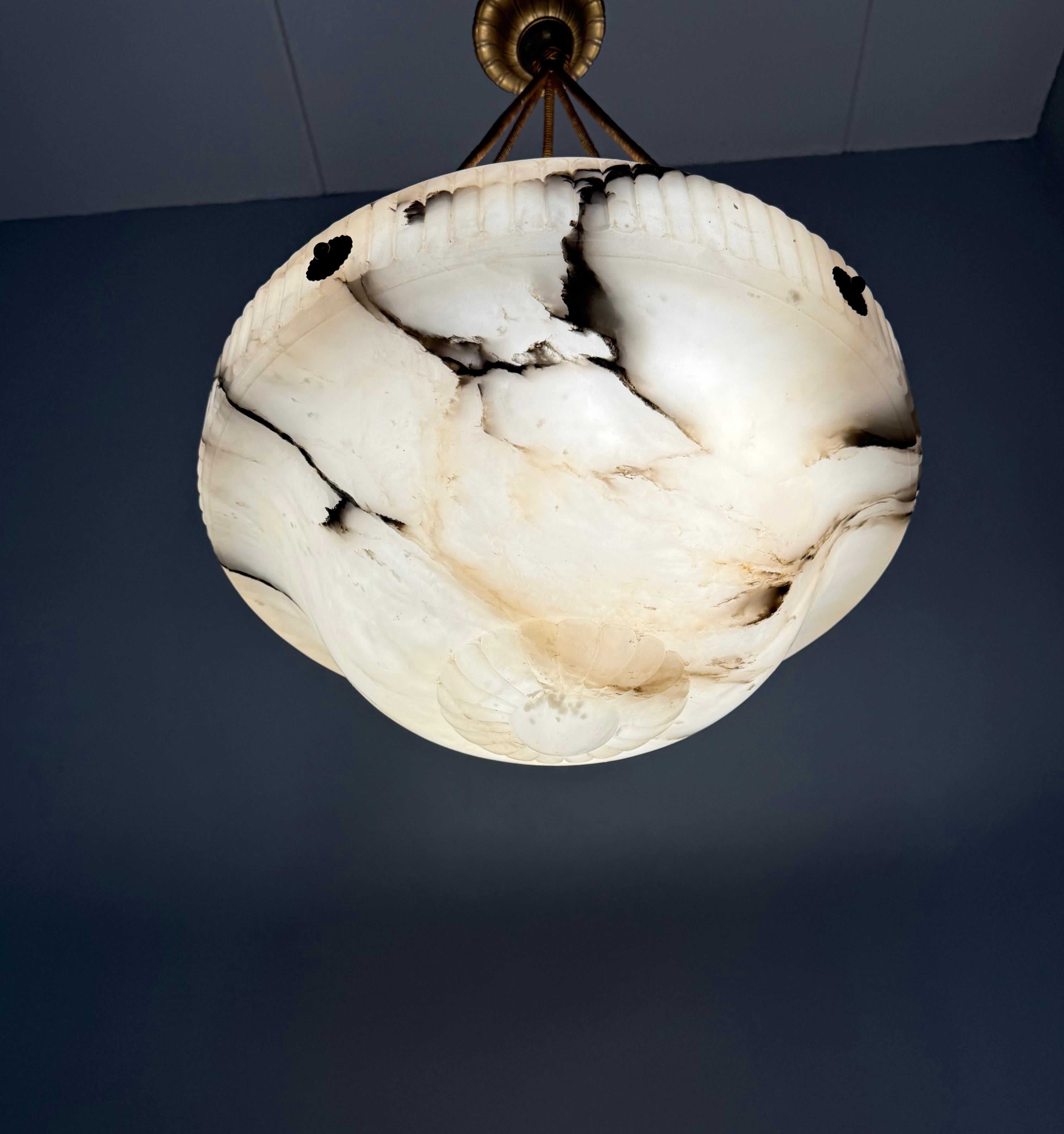 Large Antique White & Black Alabaster Pendant Light Chandelier with Rope Chains For Sale 9
