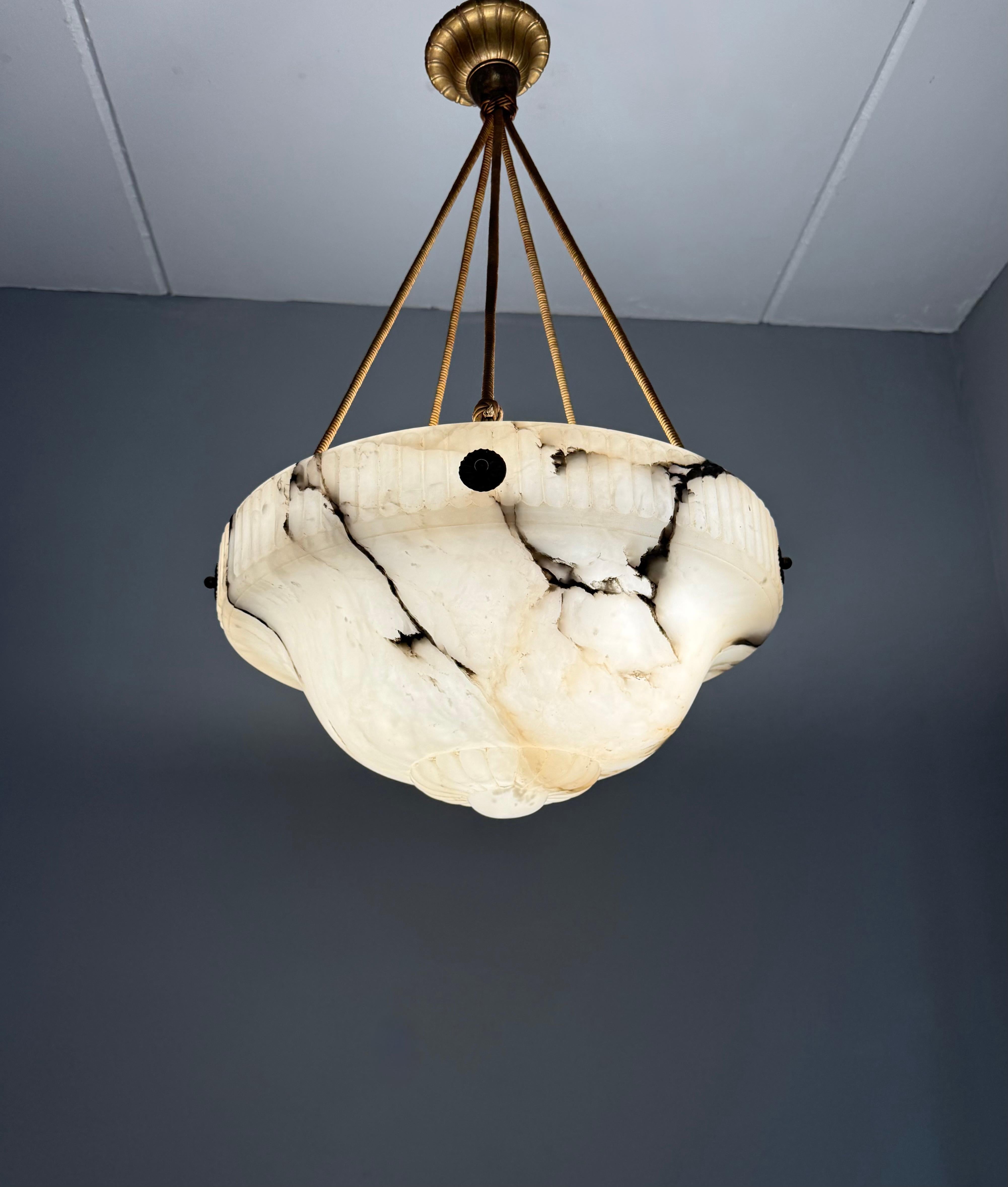 Large Antique White & Black Alabaster Pendant Light Chandelier with Rope Chains For Sale 10