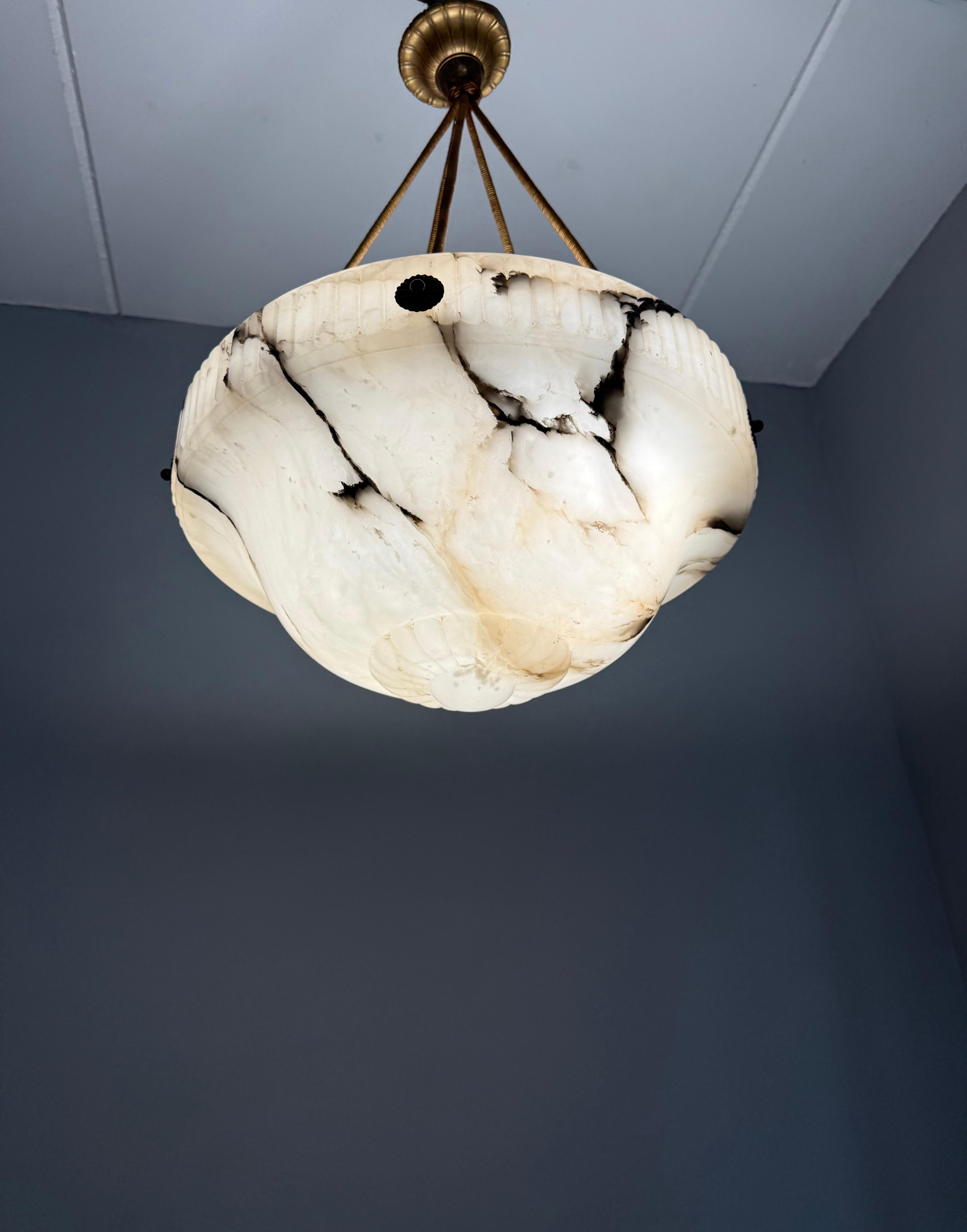 Large Antique White & Black Alabaster Pendant Light Chandelier with Rope Chains For Sale 11