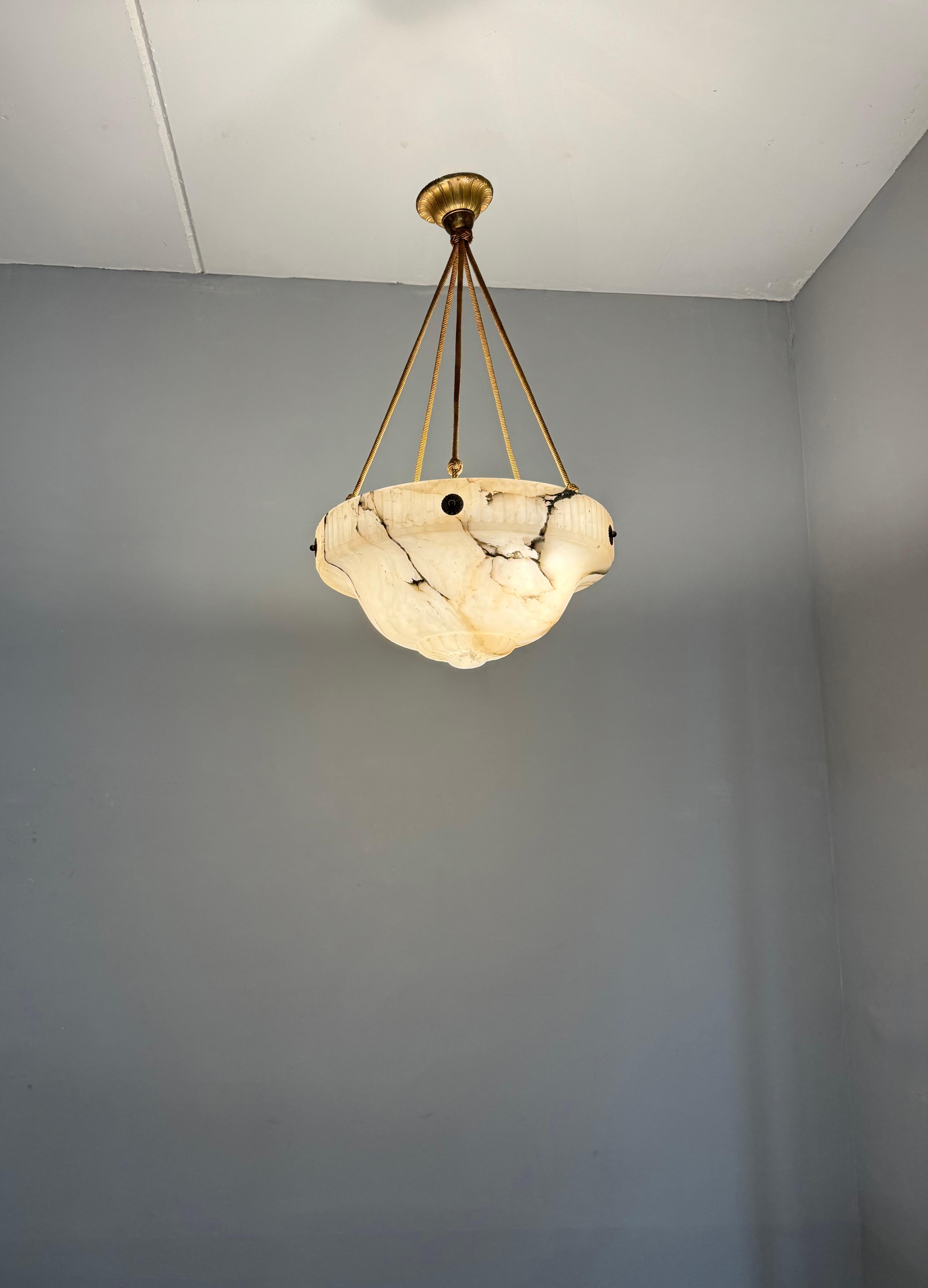 Large Antique White & Black Alabaster Pendant Light Chandelier with Rope Chains For Sale 12