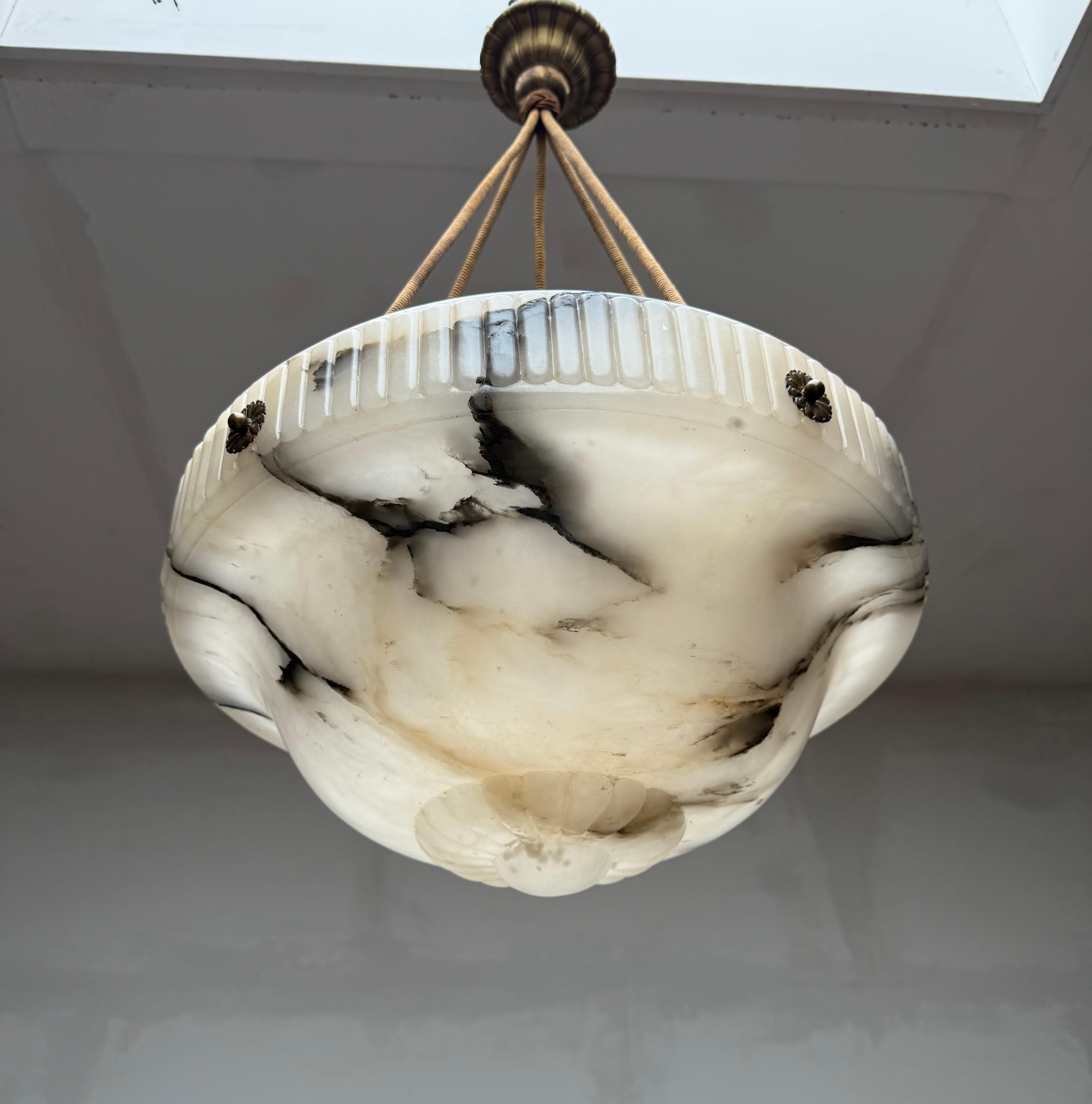 Arts and Crafts Large Antique White & Black Alabaster Pendant Light Chandelier with Rope Chains For Sale