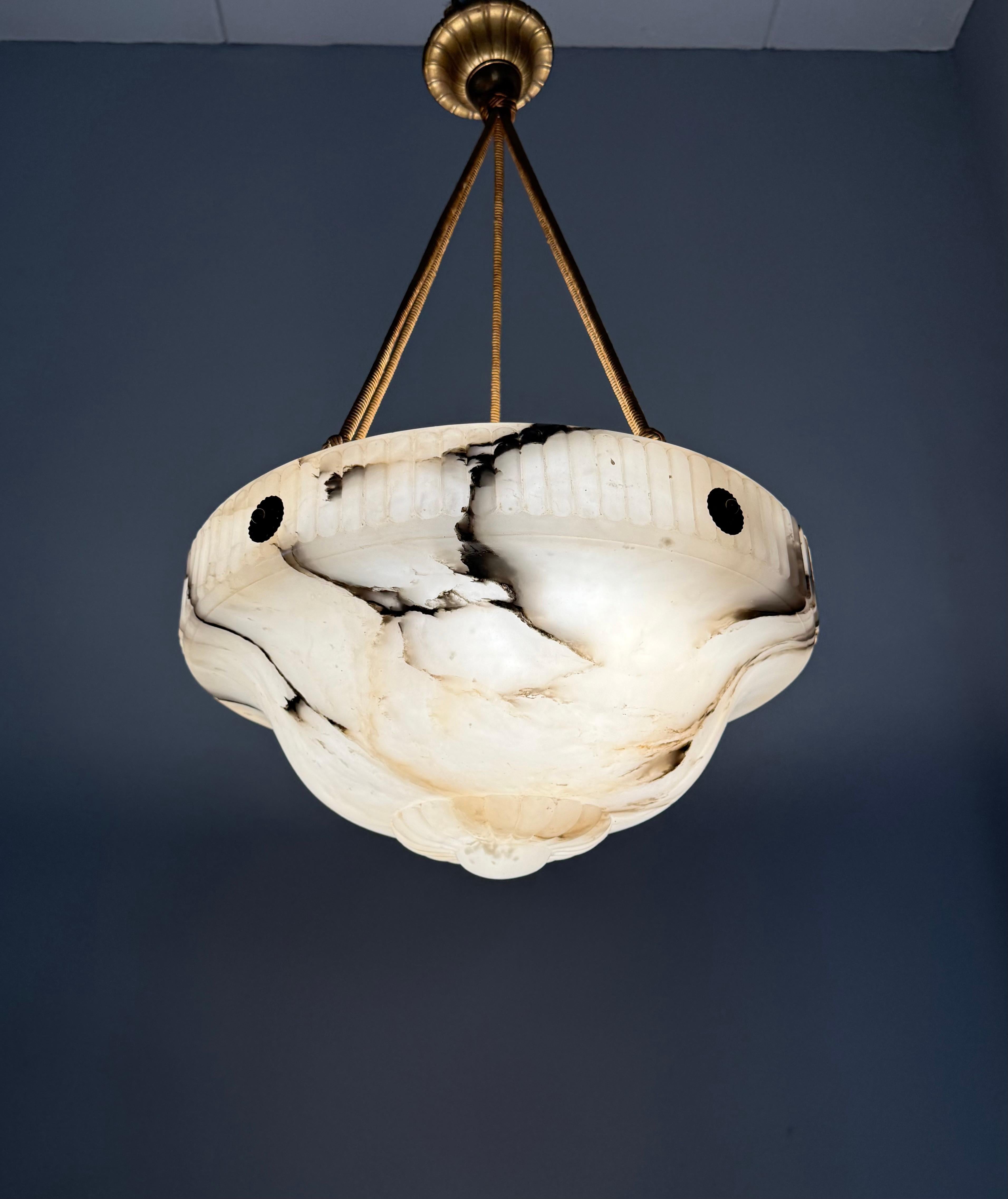 Hand-Carved Large Antique White & Black Alabaster Pendant Light Chandelier with Rope Chains For Sale