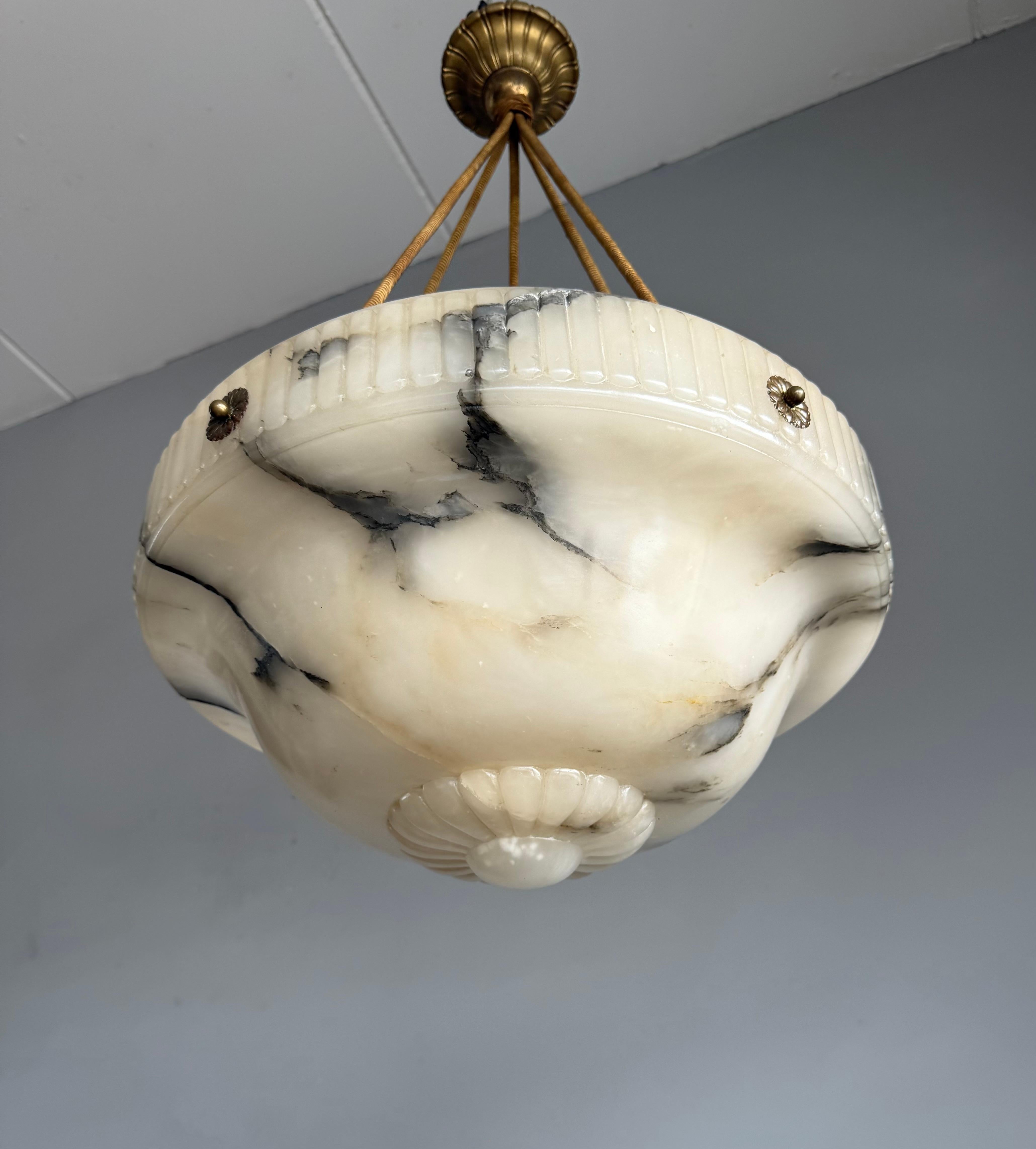 20th Century Large Antique White & Black Alabaster Pendant Light Chandelier with Rope Chains For Sale
