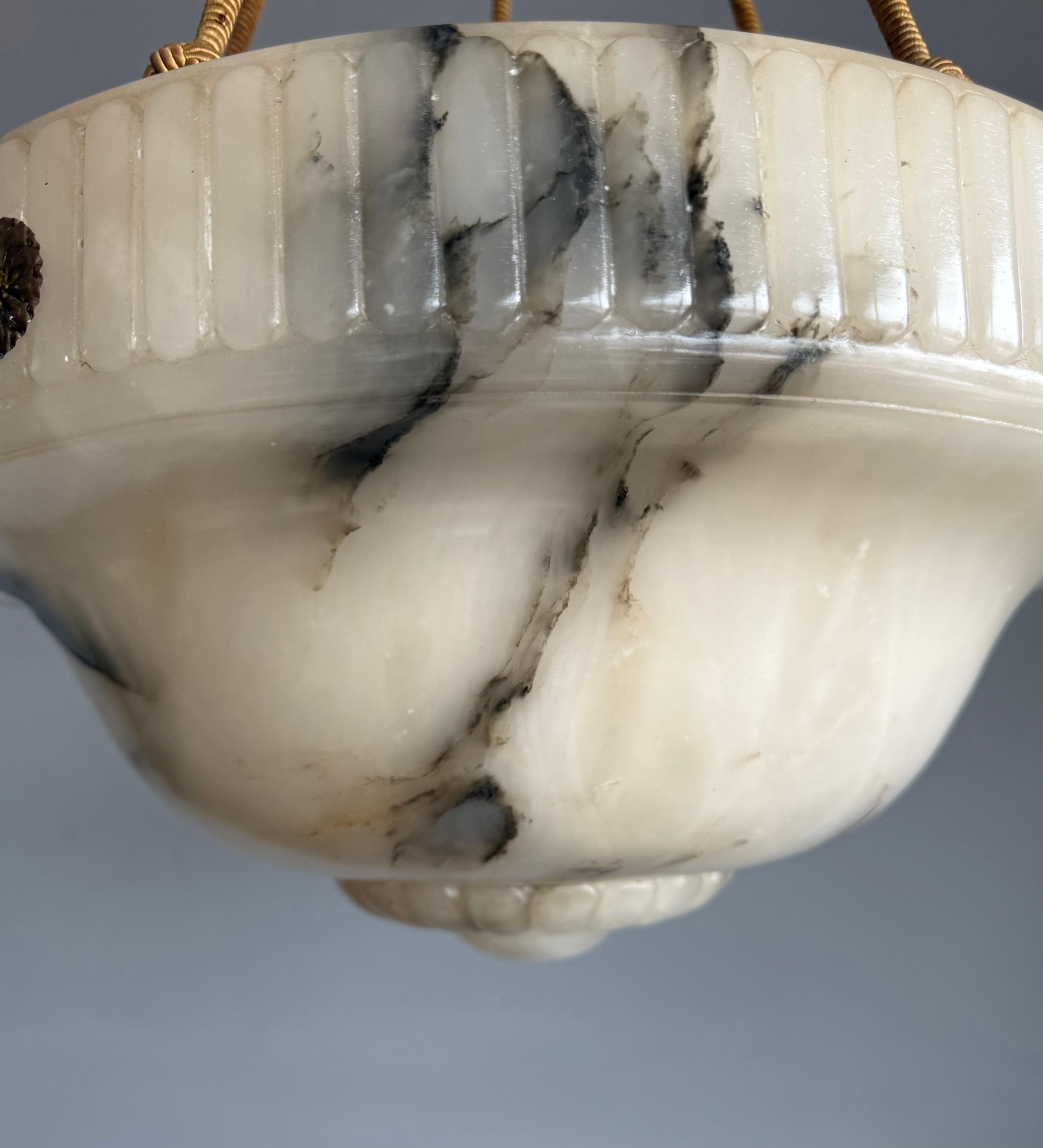Large Antique White & Black Alabaster Pendant Light Chandelier with Rope Chains For Sale 1