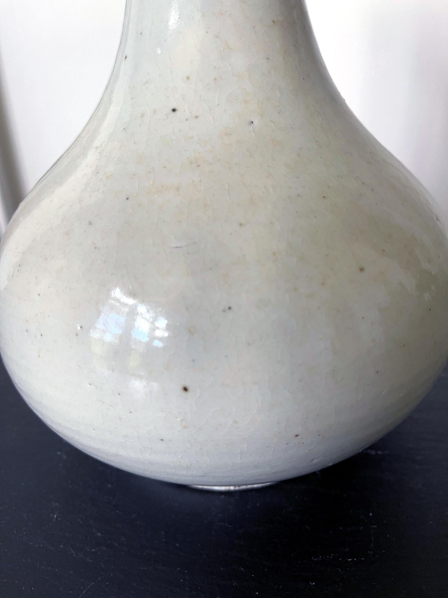 Large Antique White Glazed Bottle Vase Korean Ceramic Joseon Dynasty For Sale 1