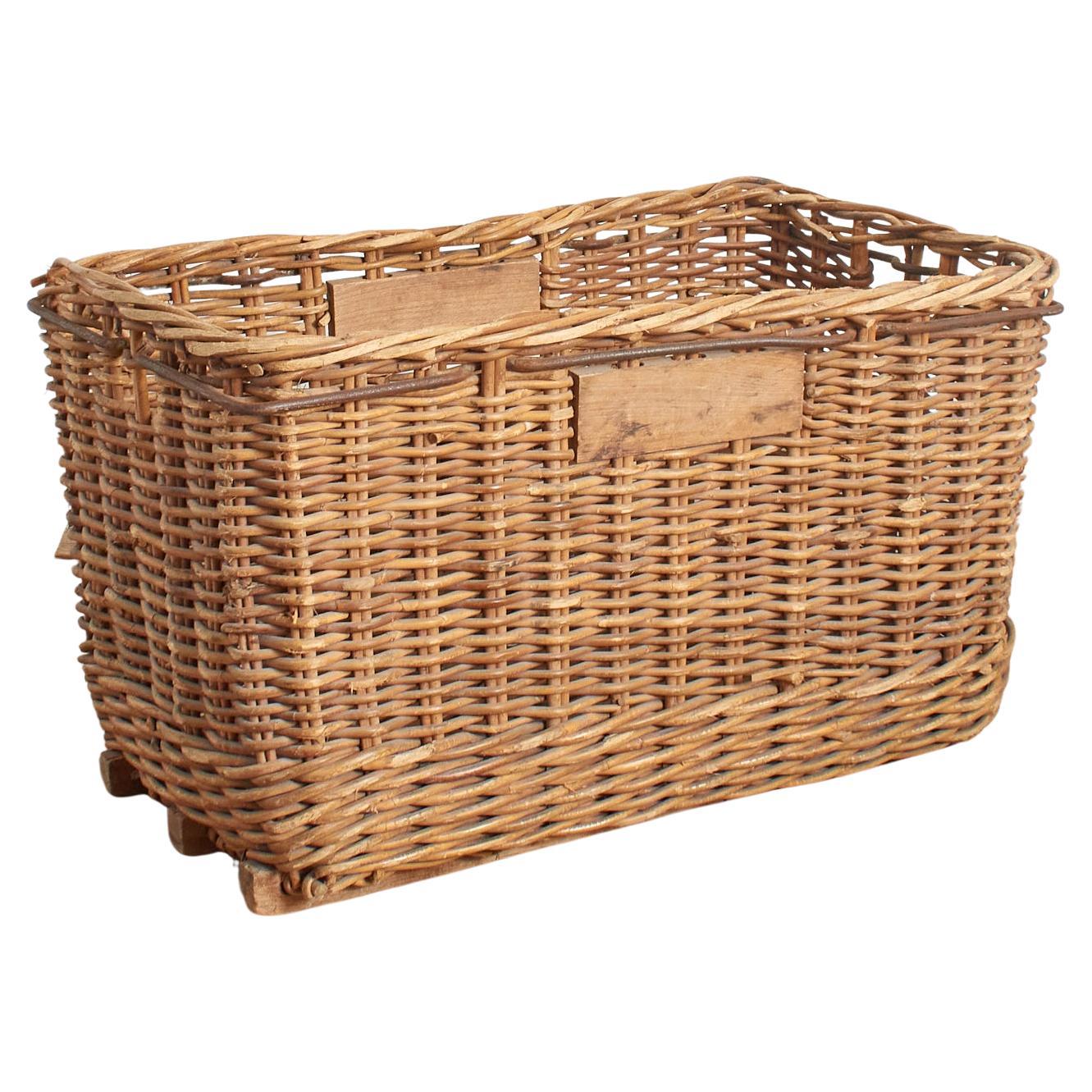 Large Antique Wicker French Laundry Champagne Grape Harvest Log Basket