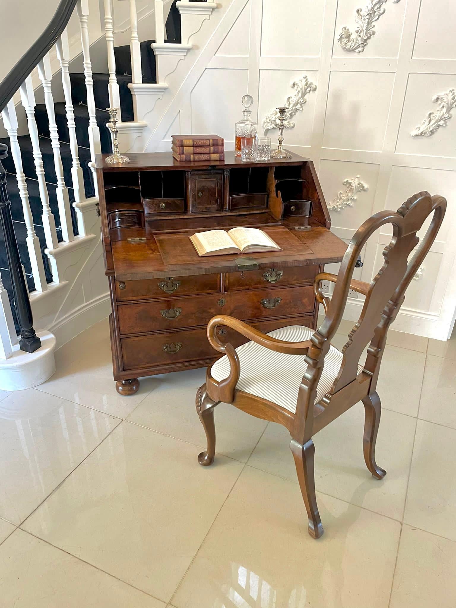 Large antique William and Mary burr walnut Herringbone inlaid two part bureau having a quality burr walnut Herringbone inlaid top above a burr walnut full opening to reveal a fitted interior consisting of 4 drawers, 8 pigeon holes, central door,