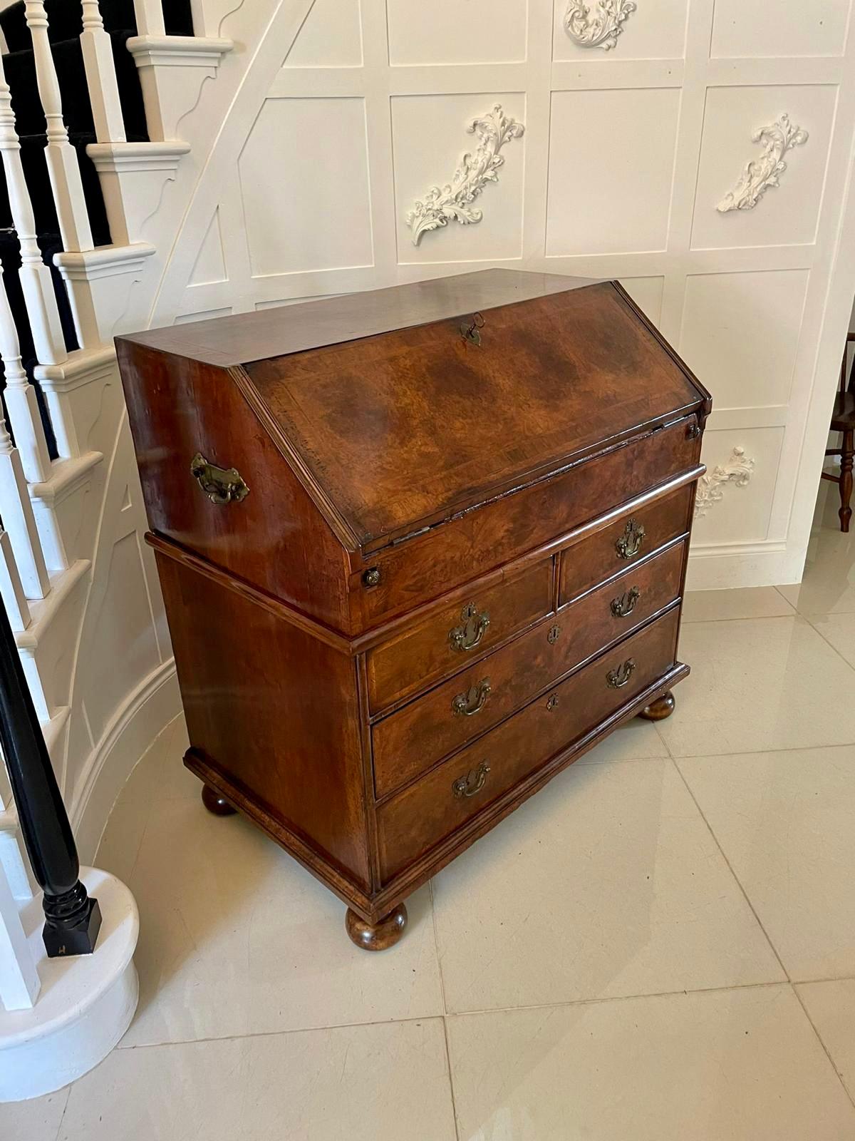 Large Antique William and Mary Burr Walnut Herringbone Inlaid Two Part Bureau  In Good Condition For Sale In Suffolk, GB