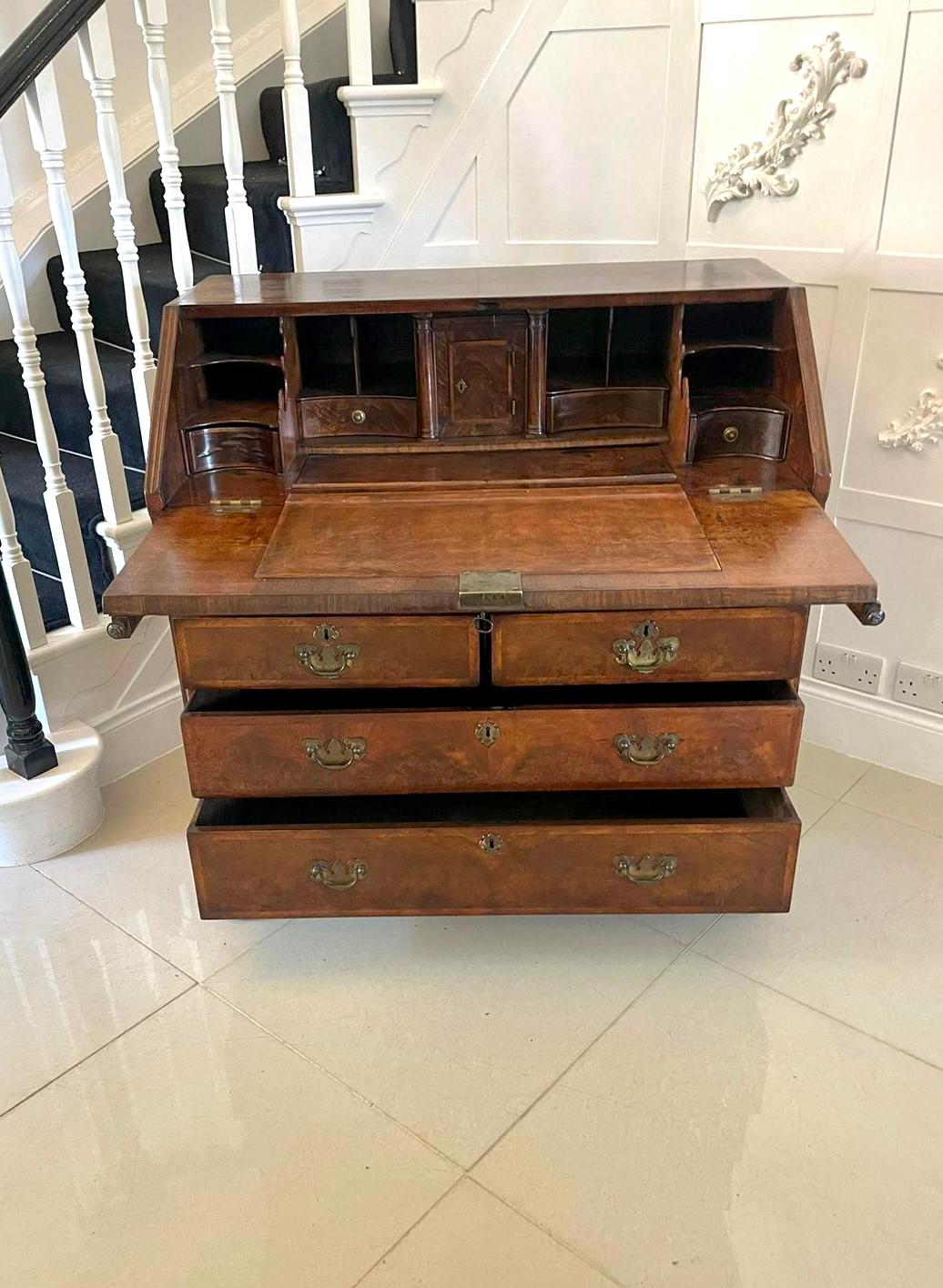 18th Century and Earlier Large Antique William and Mary Burr Walnut Herringbone Inlaid Two Part Bureau  For Sale