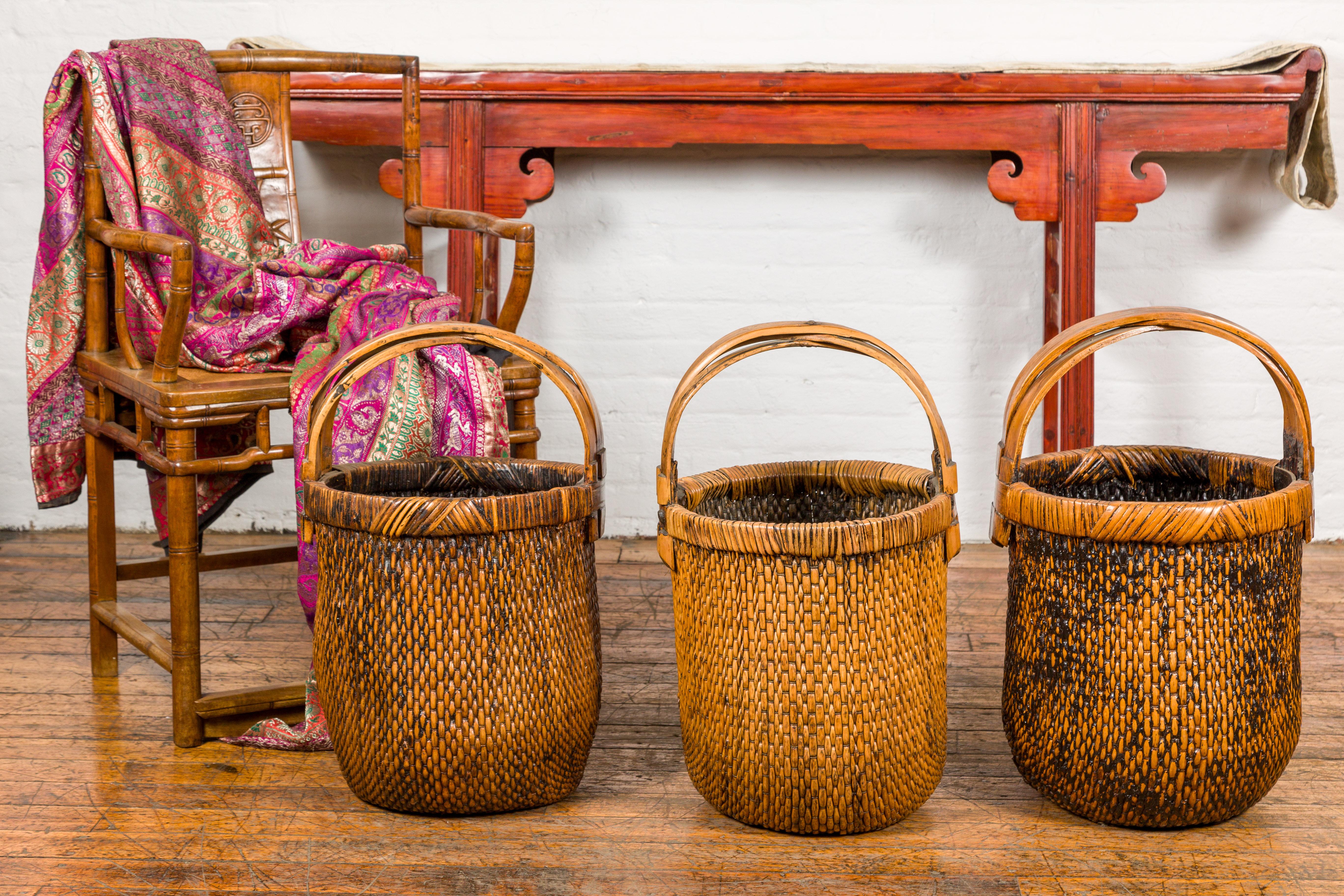 Large Antique Willow Grain Basket with Wooden Handle, Sold Each For Sale 4