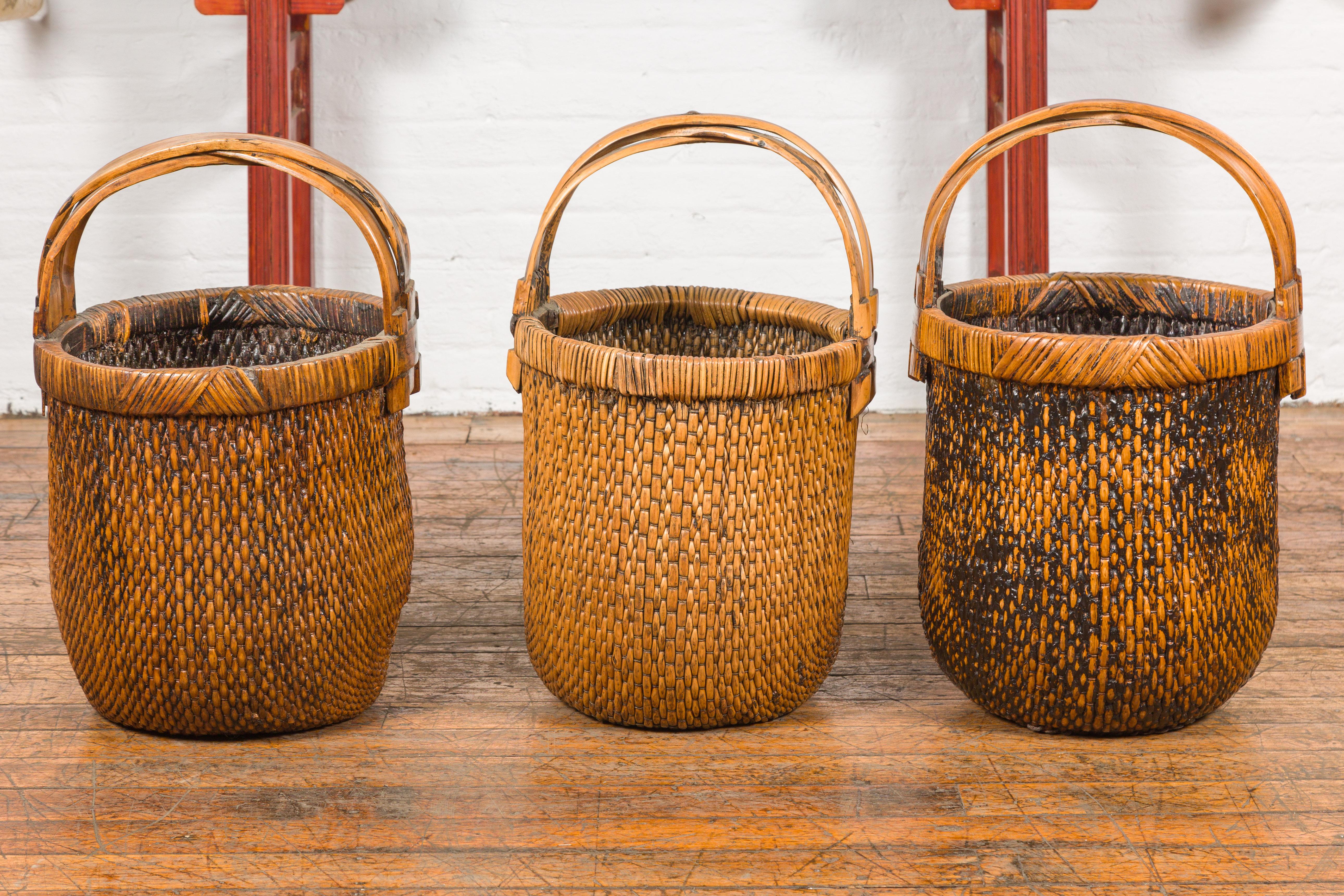 Large Antique Willow Grain Basket with Wooden Handle, Sold Each For Sale 6