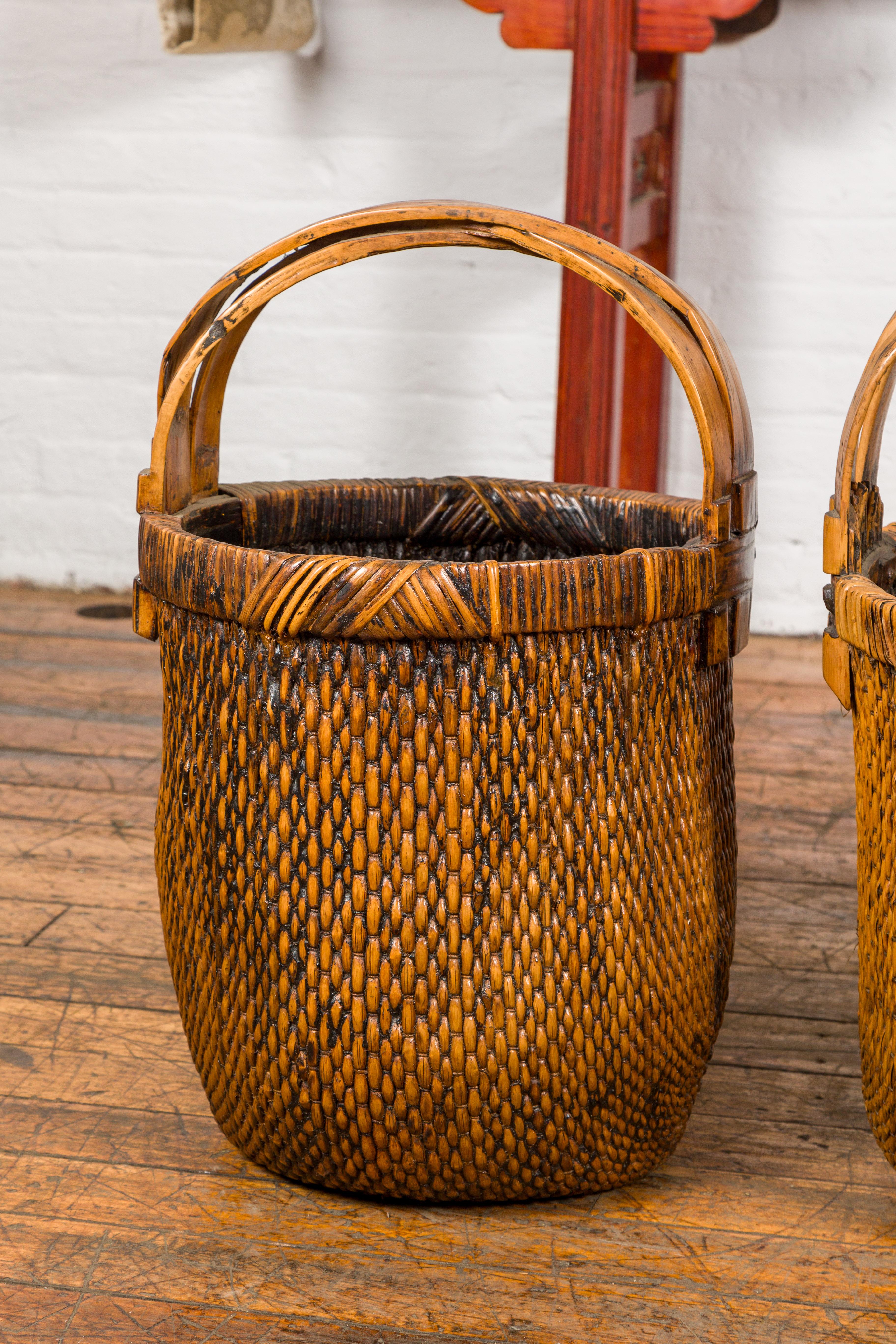 Rustic Large Antique Willow Grain Basket with Wooden Handle, Sold Each For Sale