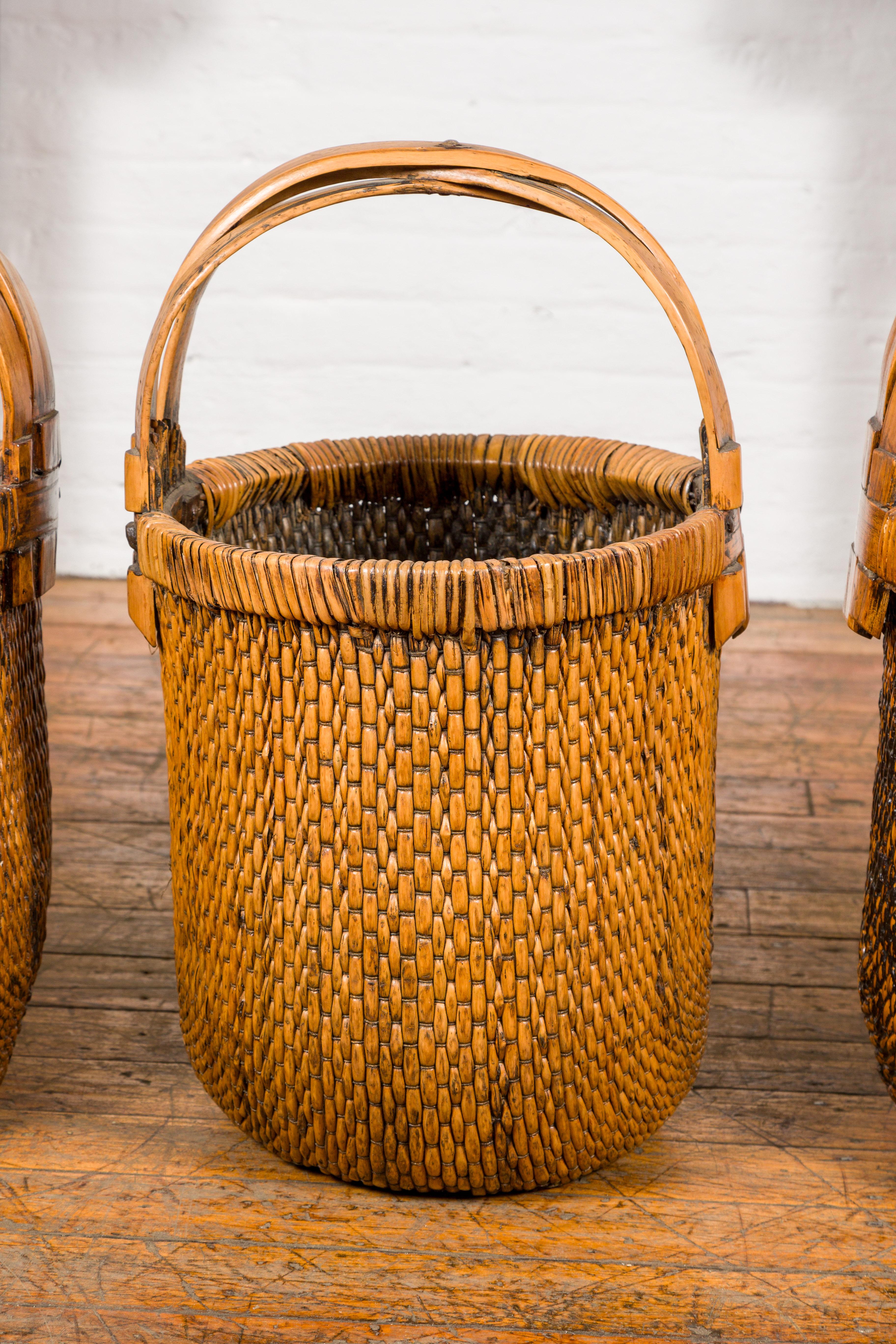Chinese Large Antique Willow Grain Basket with Wooden Handle, Sold Each For Sale