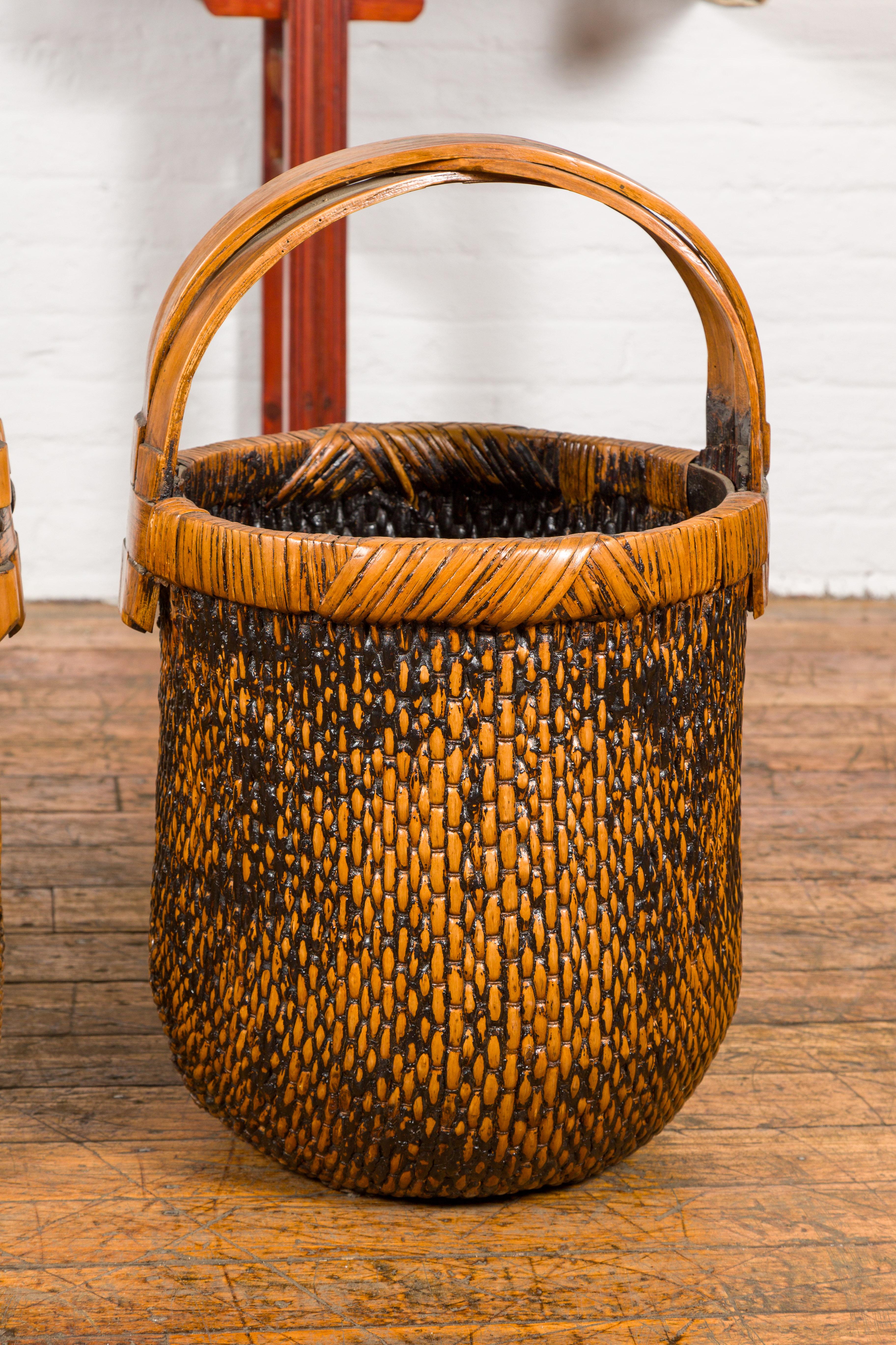 Large Antique Willow Grain Basket with Wooden Handle, Sold Each In Good Condition For Sale In Yonkers, NY