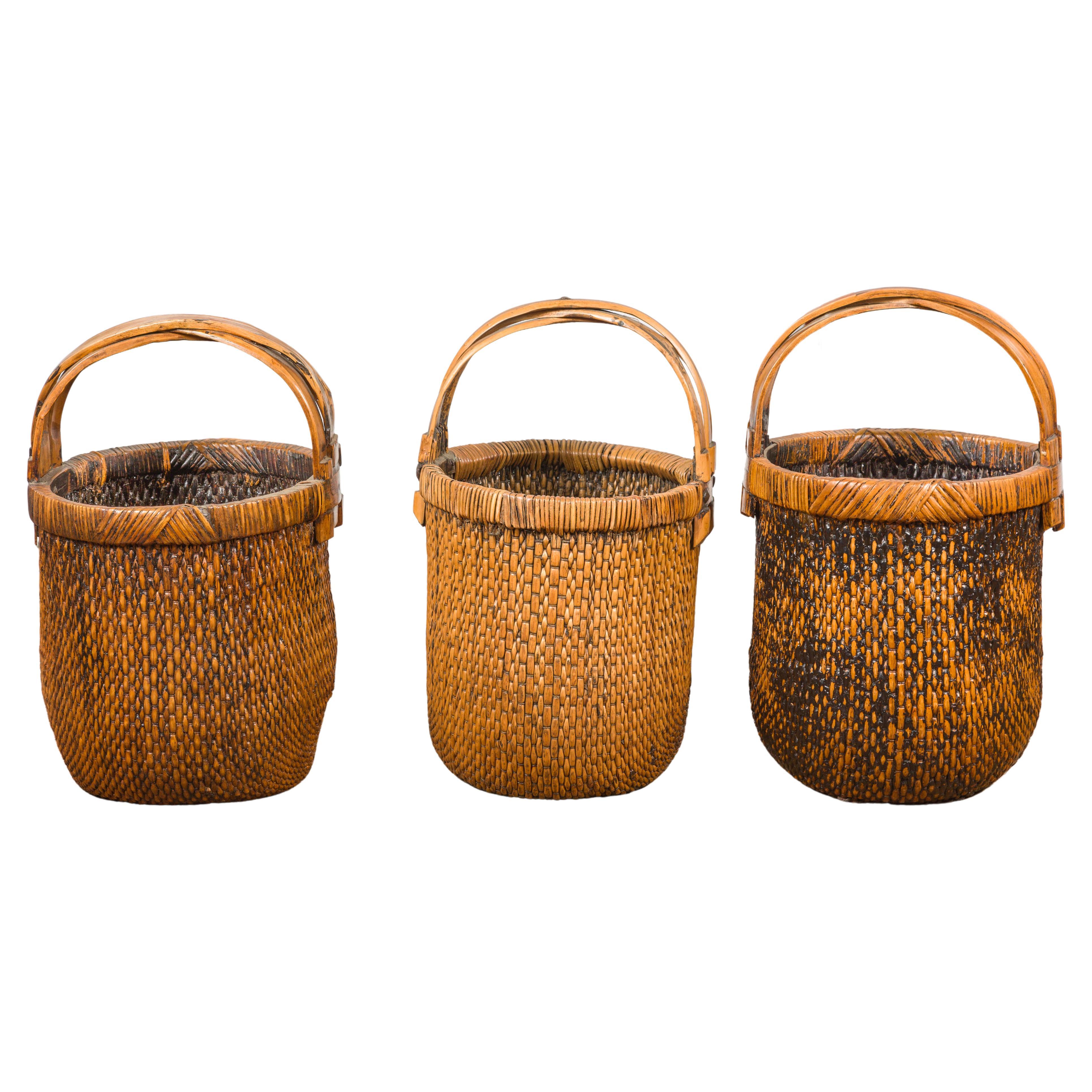 Large Antique Willow Grain Basket with Wooden Handle, Sold Each For Sale