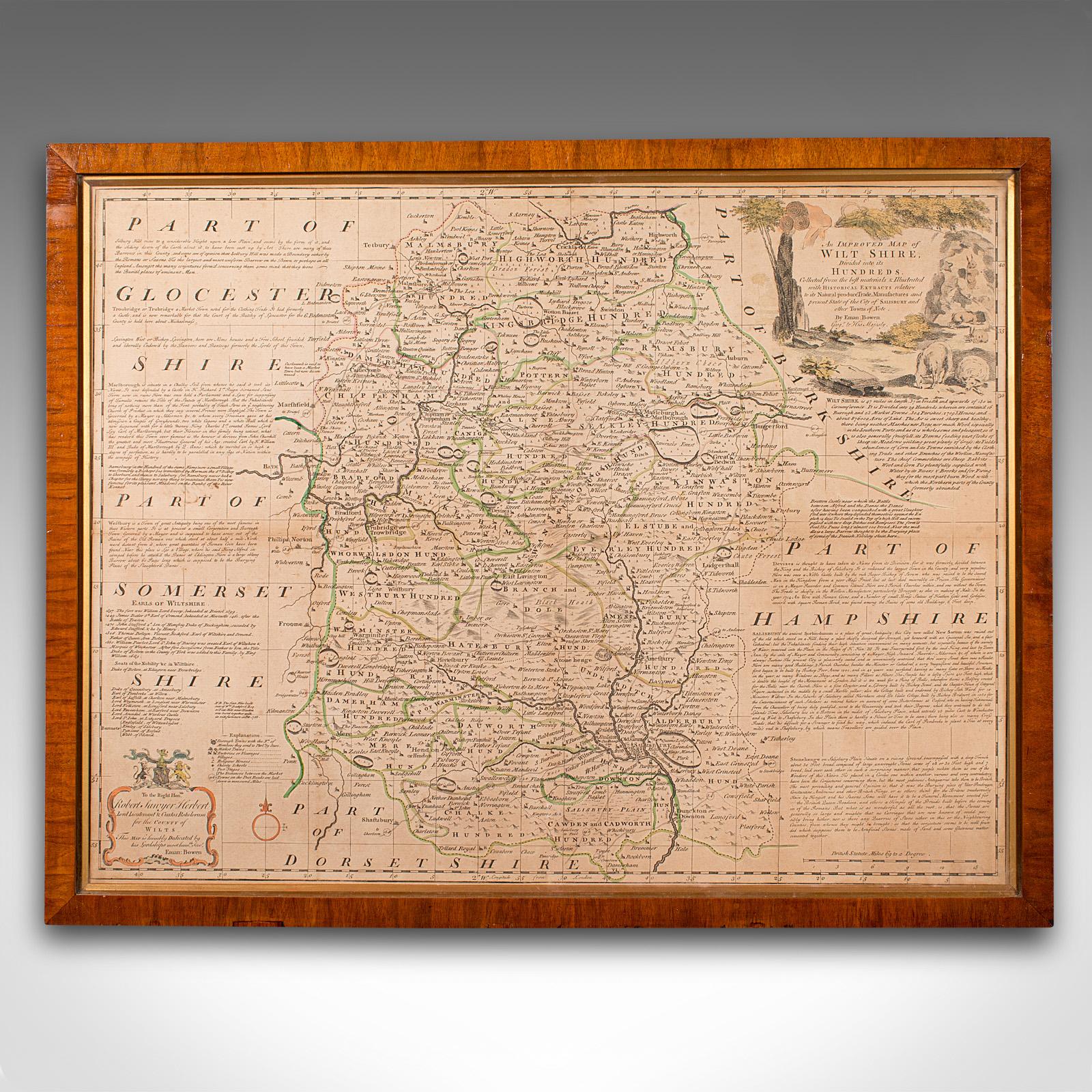 This is an antique county map of Wiltshire. An English, framed atlas engraving of cartographic interest By Emmanuel Bowen, dating to the mid 18th century and later.

Superb lithography of Wiltshire and its county detail, perfect for display
Presents