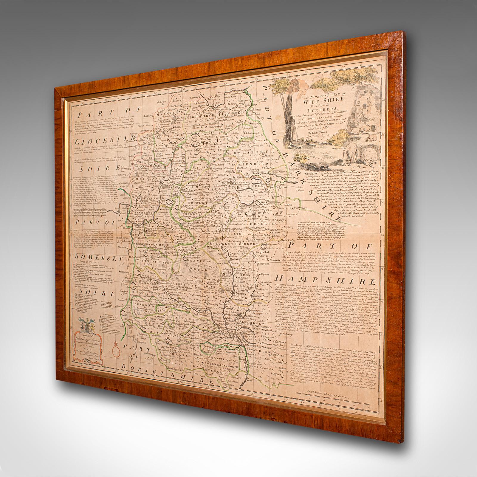 Georgian Large Antique Wiltshire Map, County Cartography, Framed, English, 18th Century For Sale