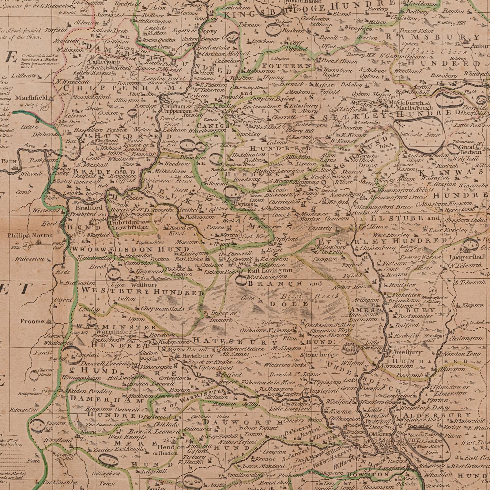 British Large Antique Wiltshire Map, County Cartography, Framed, English, 18th Century For Sale