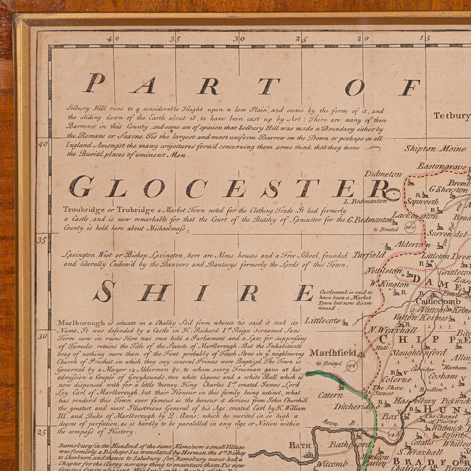 Mid-18th Century Large Antique Wiltshire Map, County Cartography, Framed, English, 18th Century For Sale
