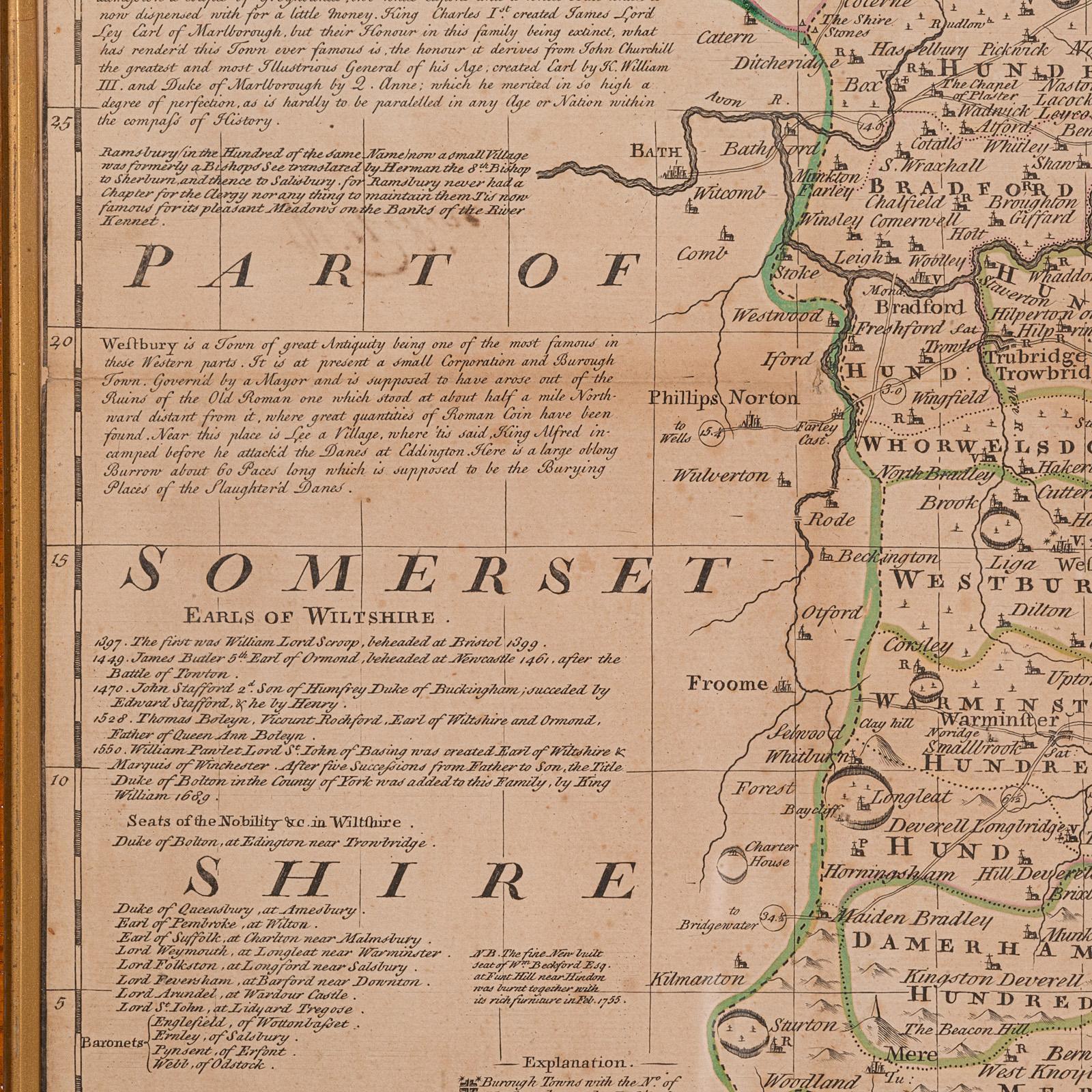 Glass Large Antique Wiltshire Map, County Cartography, Framed, English, 18th Century For Sale