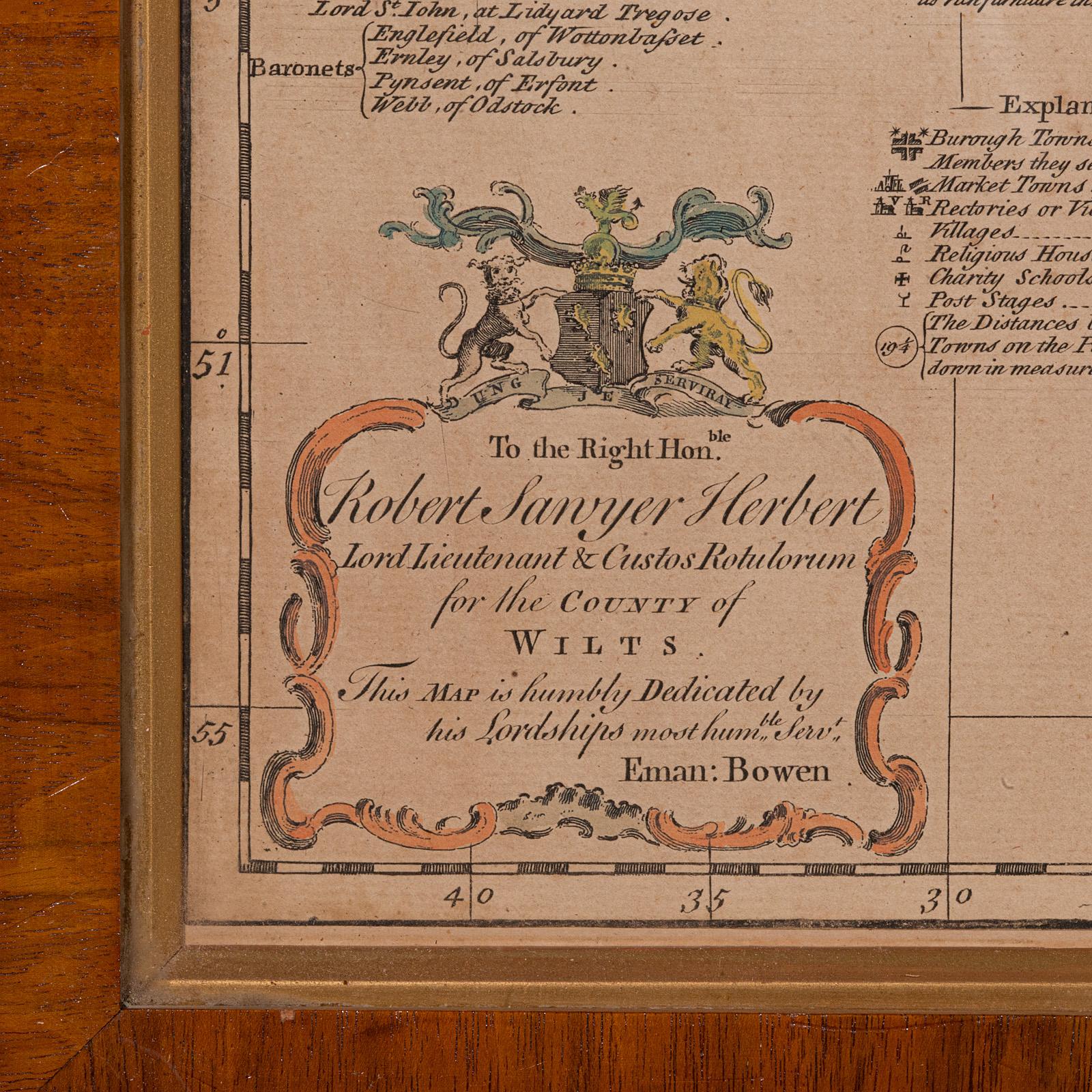 Large Antique Wiltshire Map, County Cartography, Framed, English, 18th Century For Sale 1