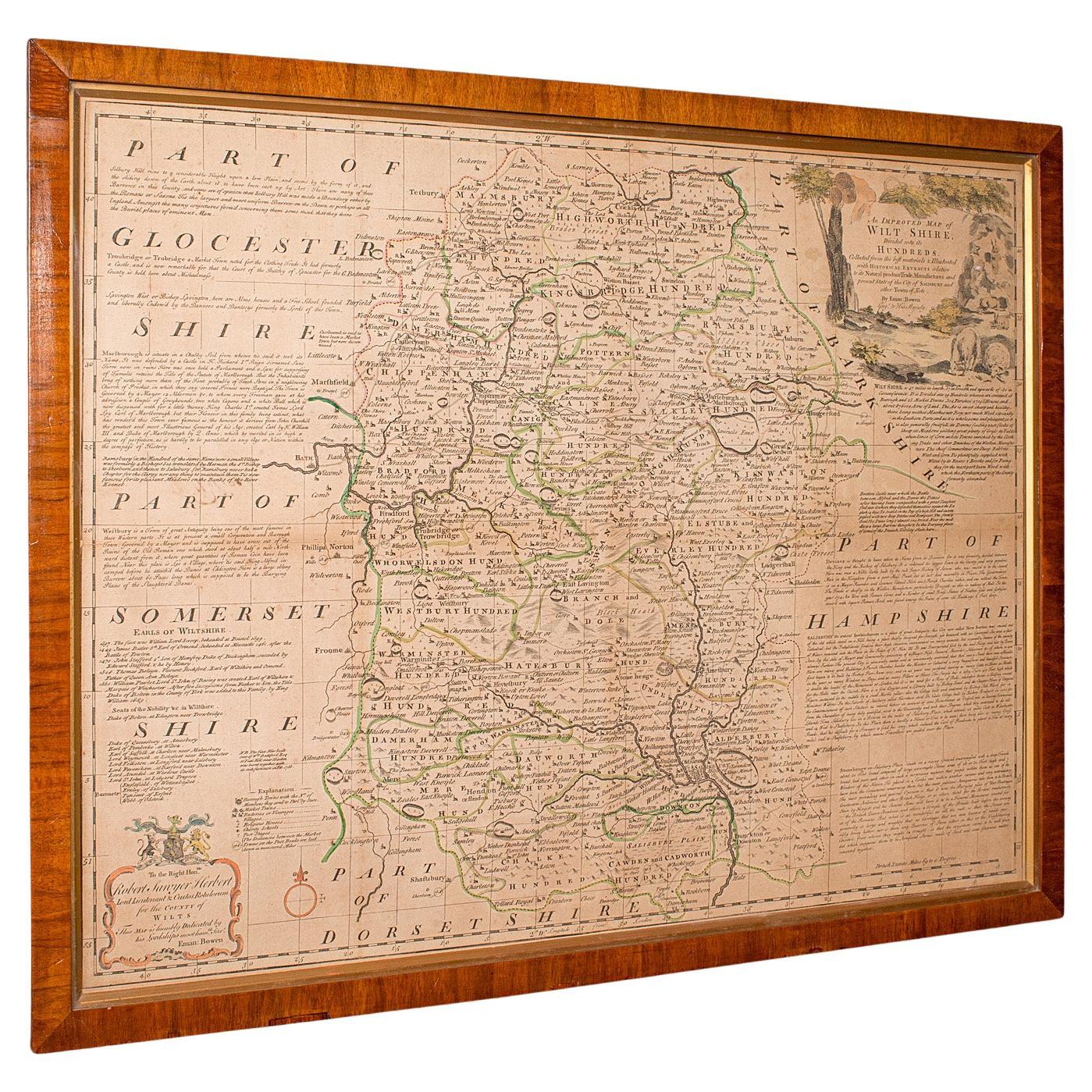 Gran Mapa Antiguo de Wiltshire, Cartografía del Condado, Enmarcado, Inglés, Siglo XVIII