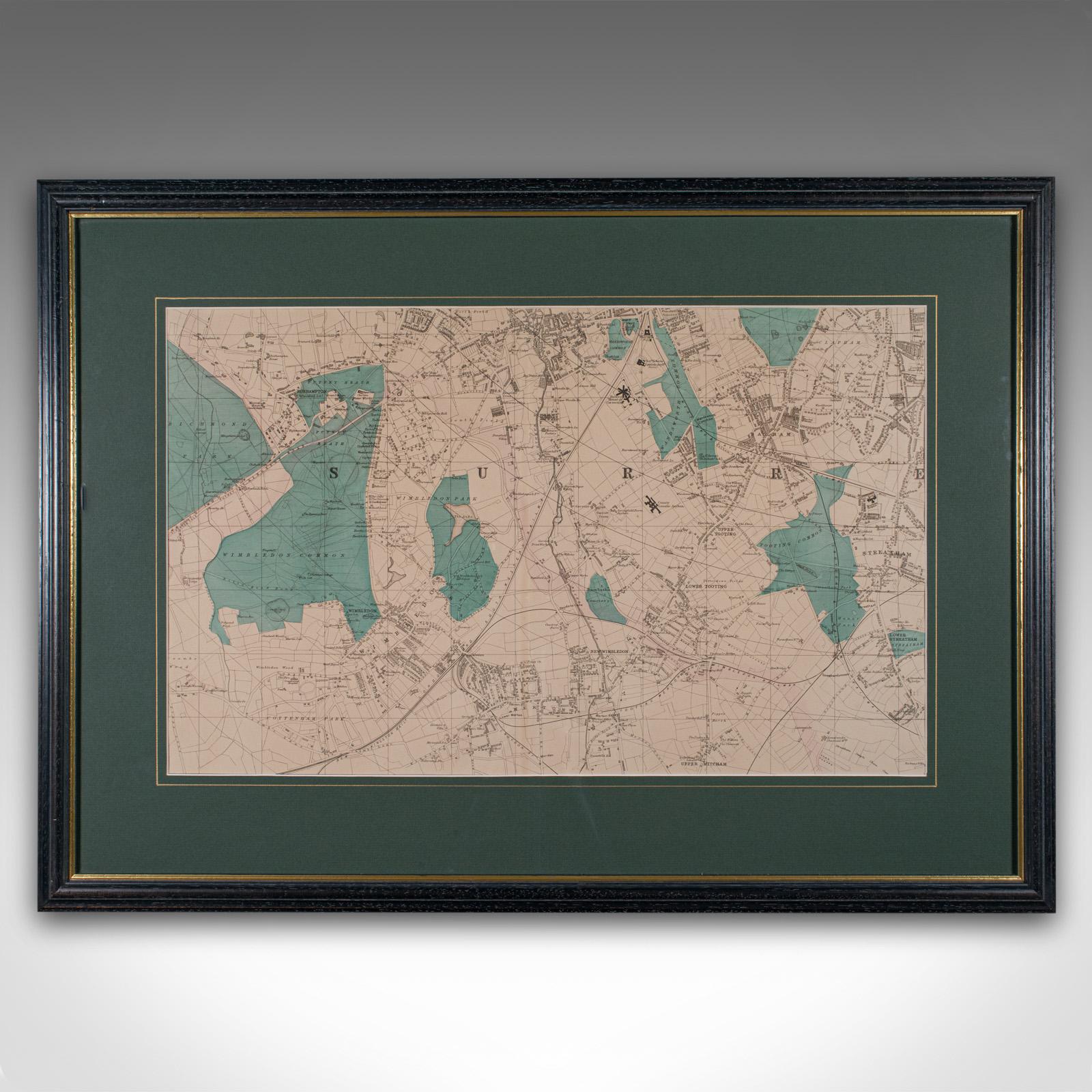 
This is an antique town map of Wimbledon, South West London. An English, framed atlas engraving of cartographic interest, dating to the late Victorian period and later, circa 1885.

Large scale cartography of Victorian South West London, perfect