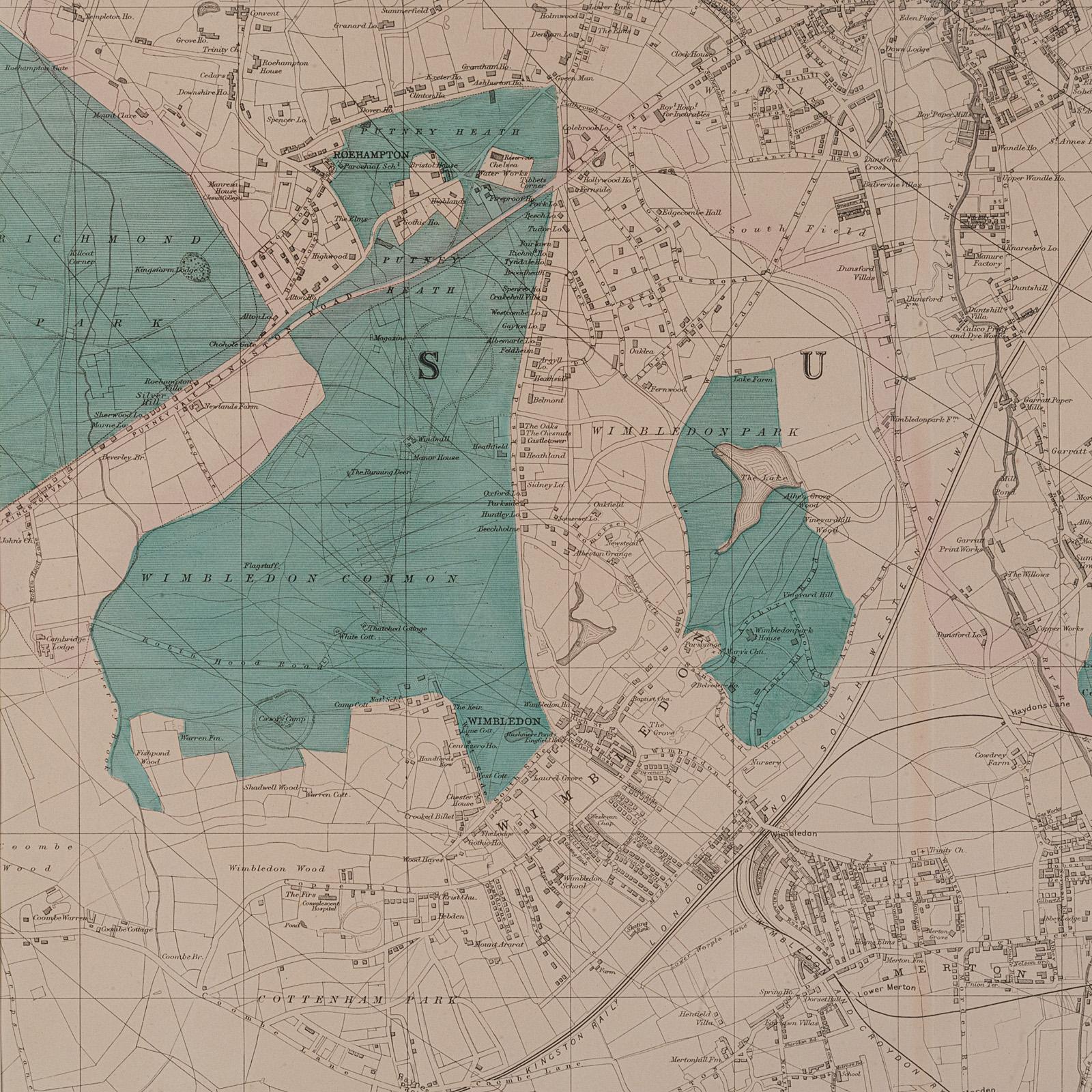 Late Victorian Large Antique Wimbledon Map, SW London, English, Framed Cartography, Victorian