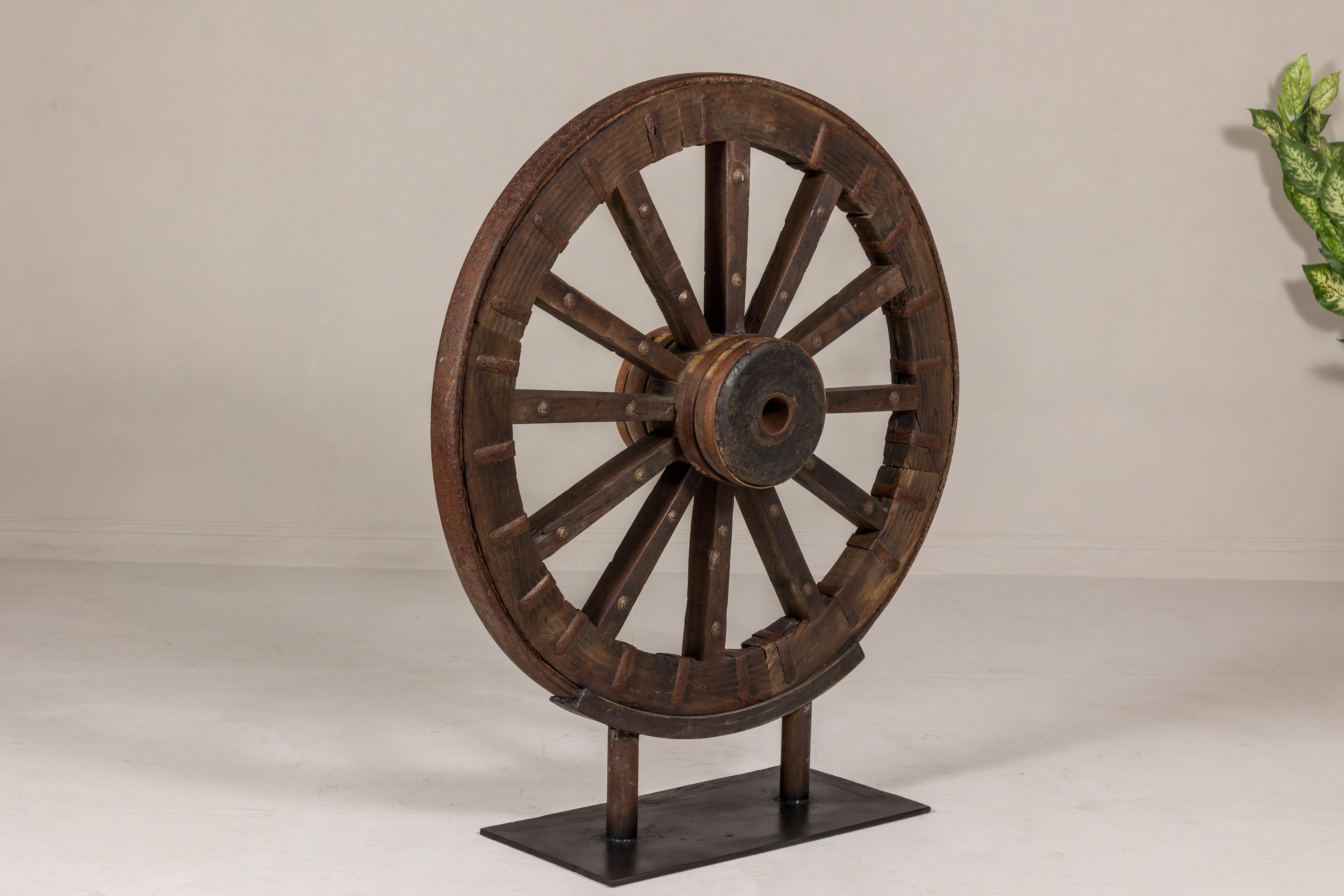 Large Antique Wood and Metal Cart Wheel Mounted on Custom Base For Sale 5