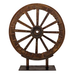 Large Antique Wood and Metal Cart Wheel Mounted on Custom Base