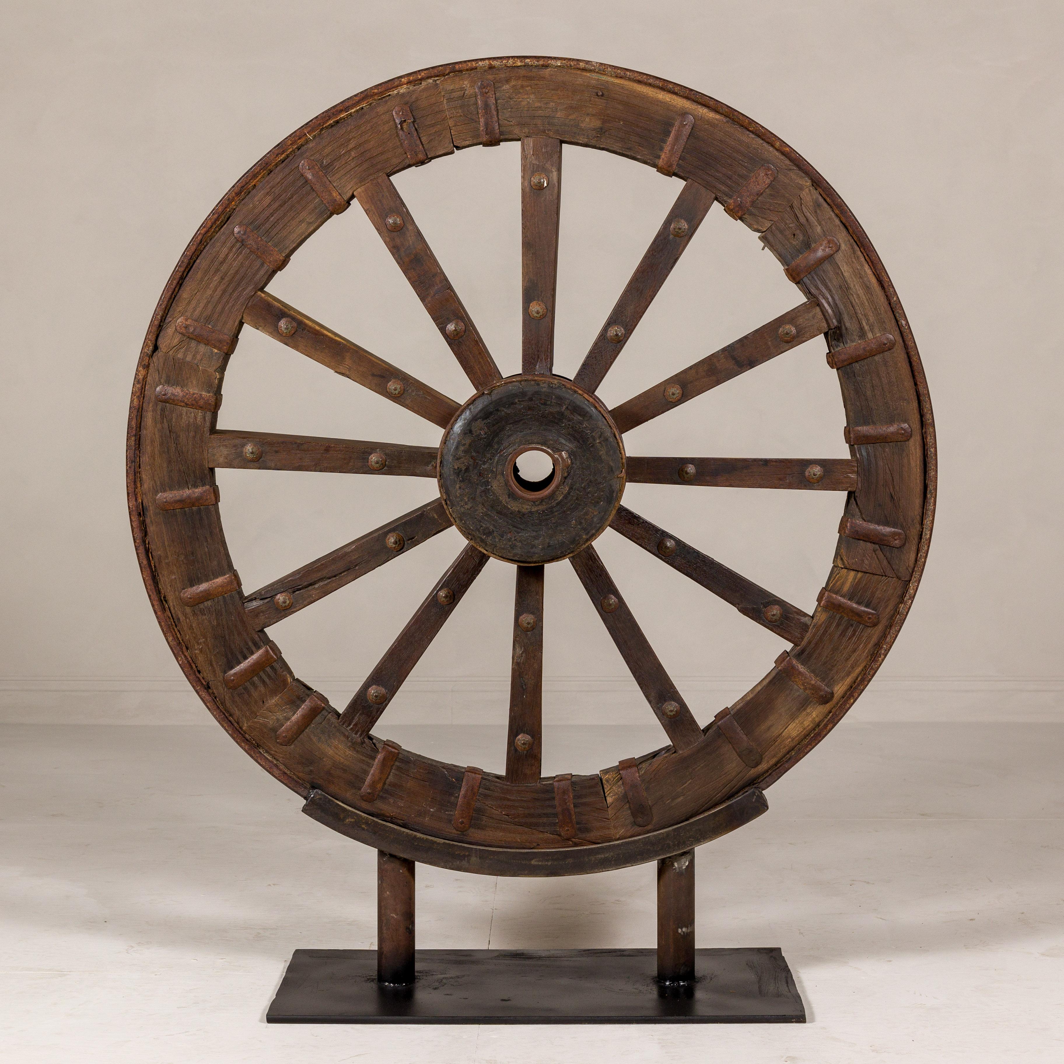 19th Century Large Antique Wood and Metal Cart Wheel Mounted on Custom Base For Sale