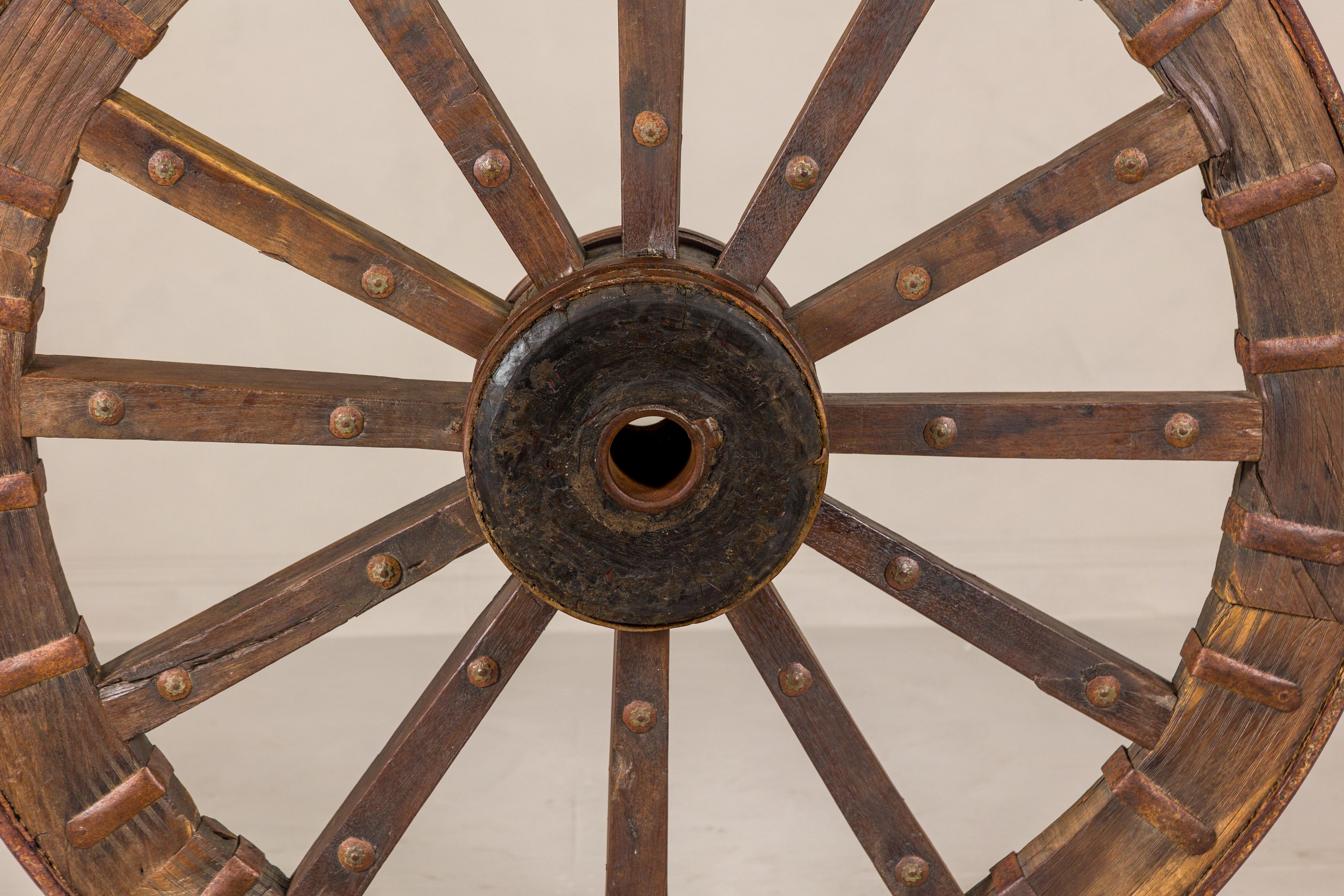 Large Antique Wood and Metal Cart Wheel Mounted on Custom Base In Good Condition For Sale In Yonkers, NY