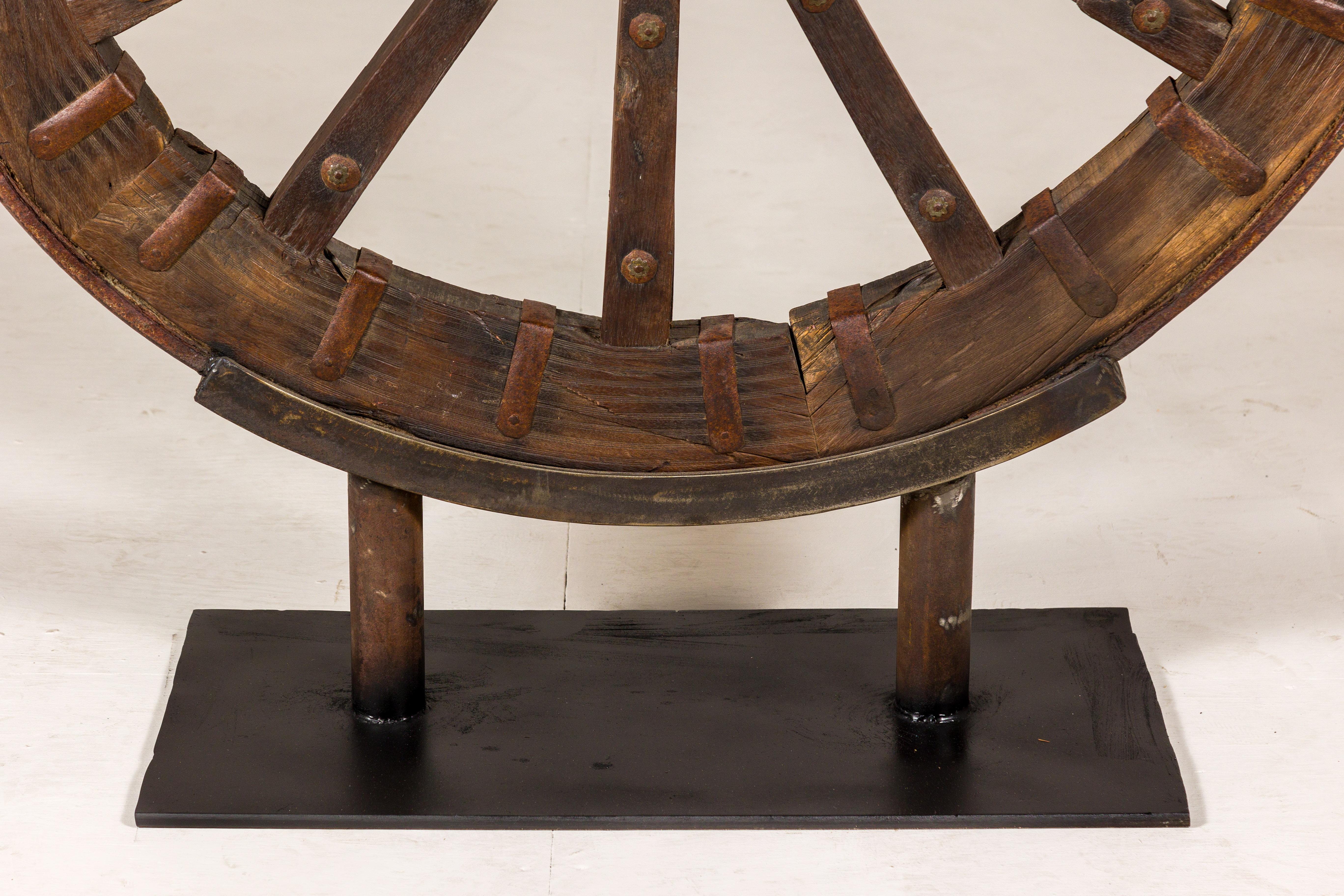 19th Century Large Antique Wood and Metal Cart Wheel Mounted on Custom Base For Sale