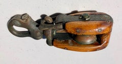 Large Antique Wood Marine Block with a Cast Iron Single Pulley