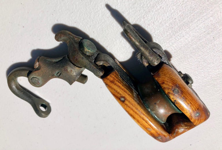 Large Antique Wood Marine Block with a Cast Iron Single Pulley For Sale