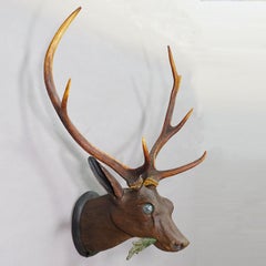 Large Antique Wooden Carved Black Forest Baroque Stag Head with 10 Point Trophy
