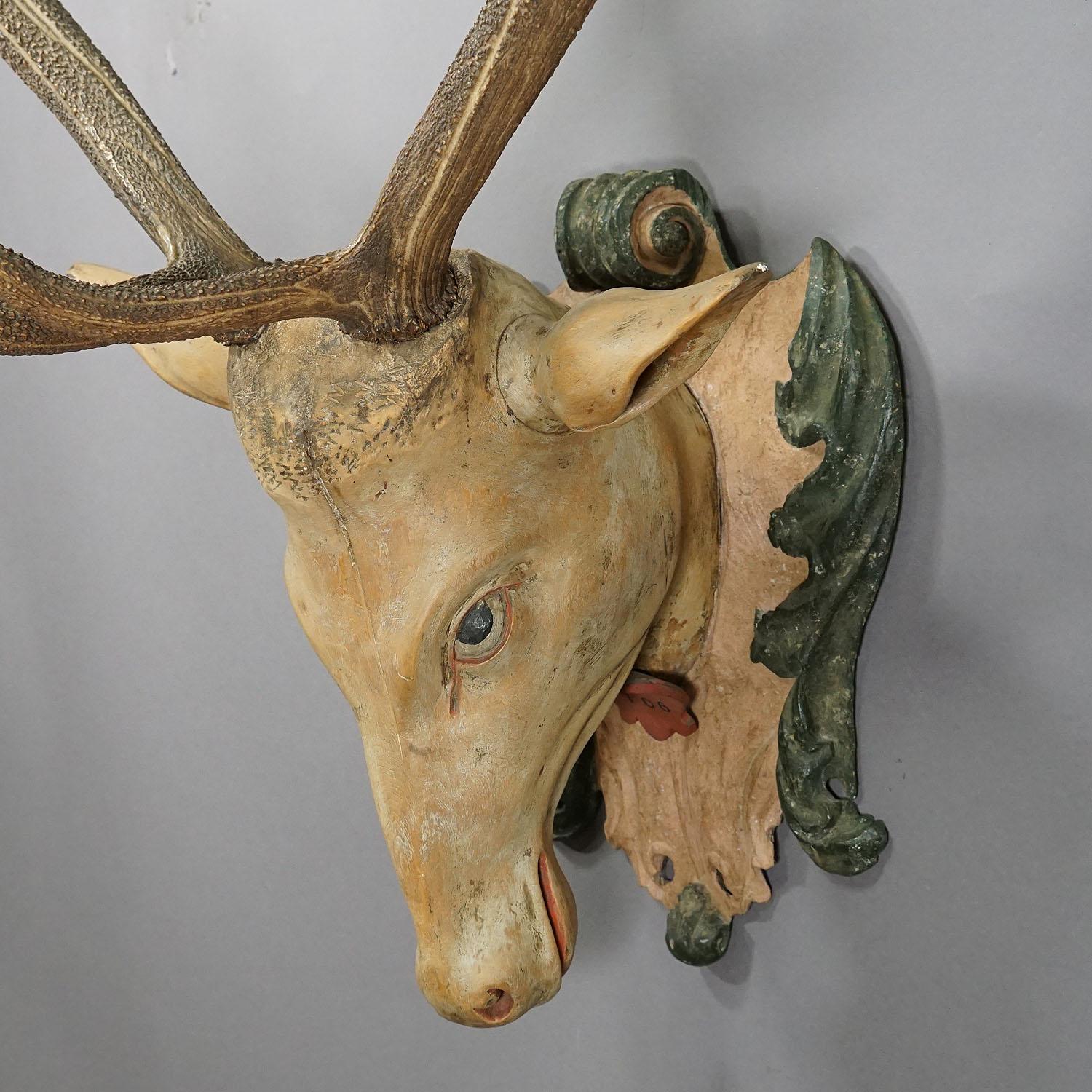 Rustic Large Antique Wooden Carved Black Forest Baroque Stag Head with 10 Point Trophy For Sale
