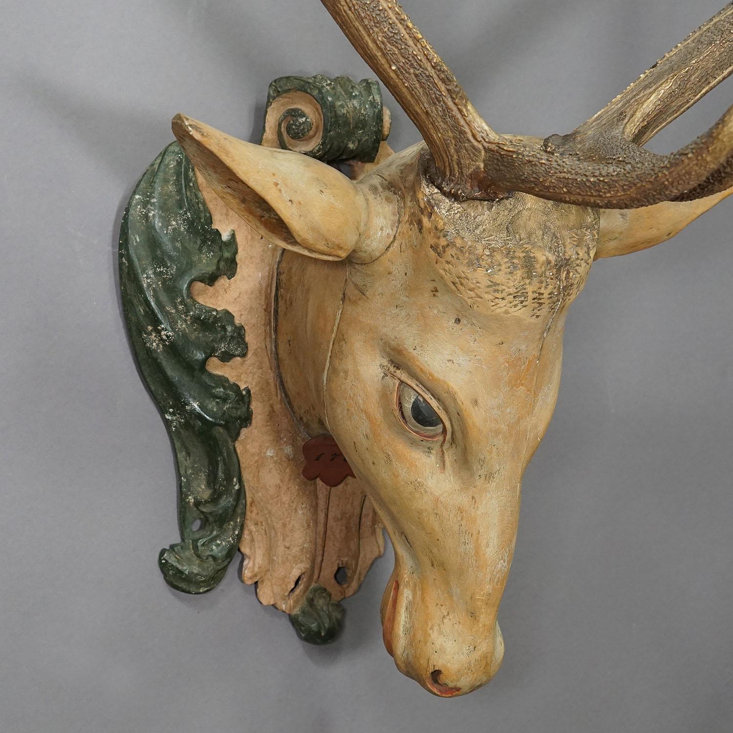 German Large Antique Wooden Carved Black Forest Baroque Stag Head with 10 Point Trophy For Sale