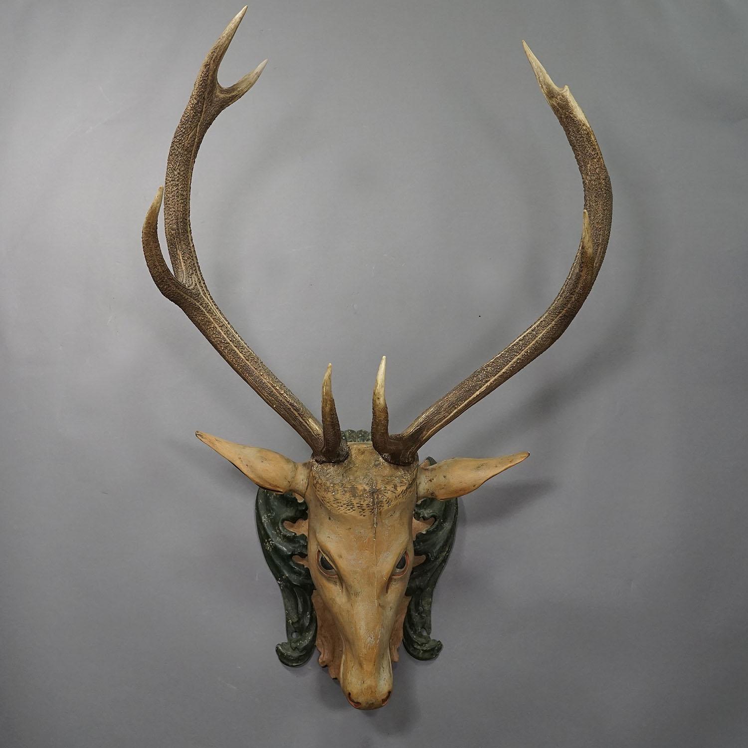 Hand-Crafted Large Antique Wooden Carved Black Forest Baroque Stag Head with 10 Point Trophy For Sale