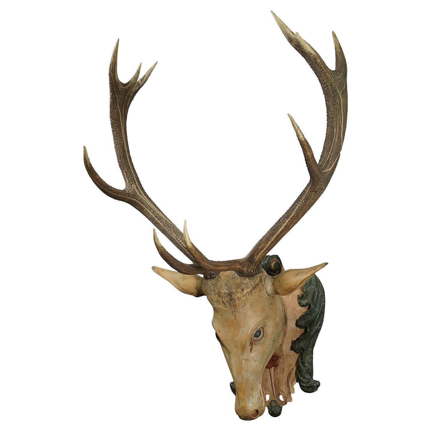 Large Antique Wooden Carved Black Forest Baroque Stag Head with 10 Point Trophy For Sale