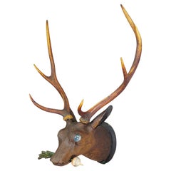 Large Antique Wooden Carved Black Forest Baroque Stag Head with 10 Point Trophy