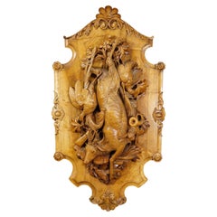 Large Antique Wooden Carved Black Forest Game Plaque with Deer