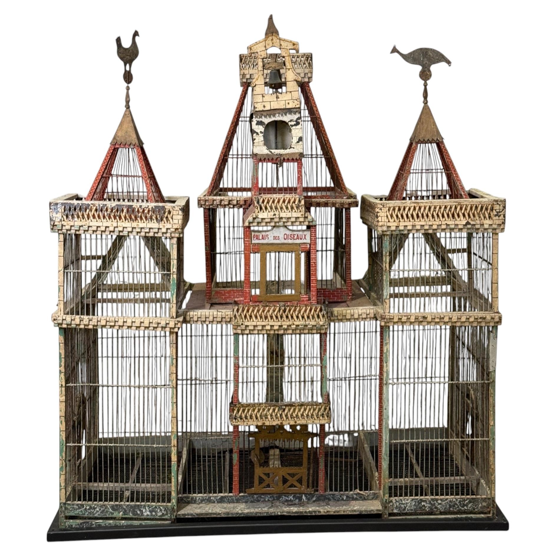 Large Antique Wooden Decorative French Painted Birdcage